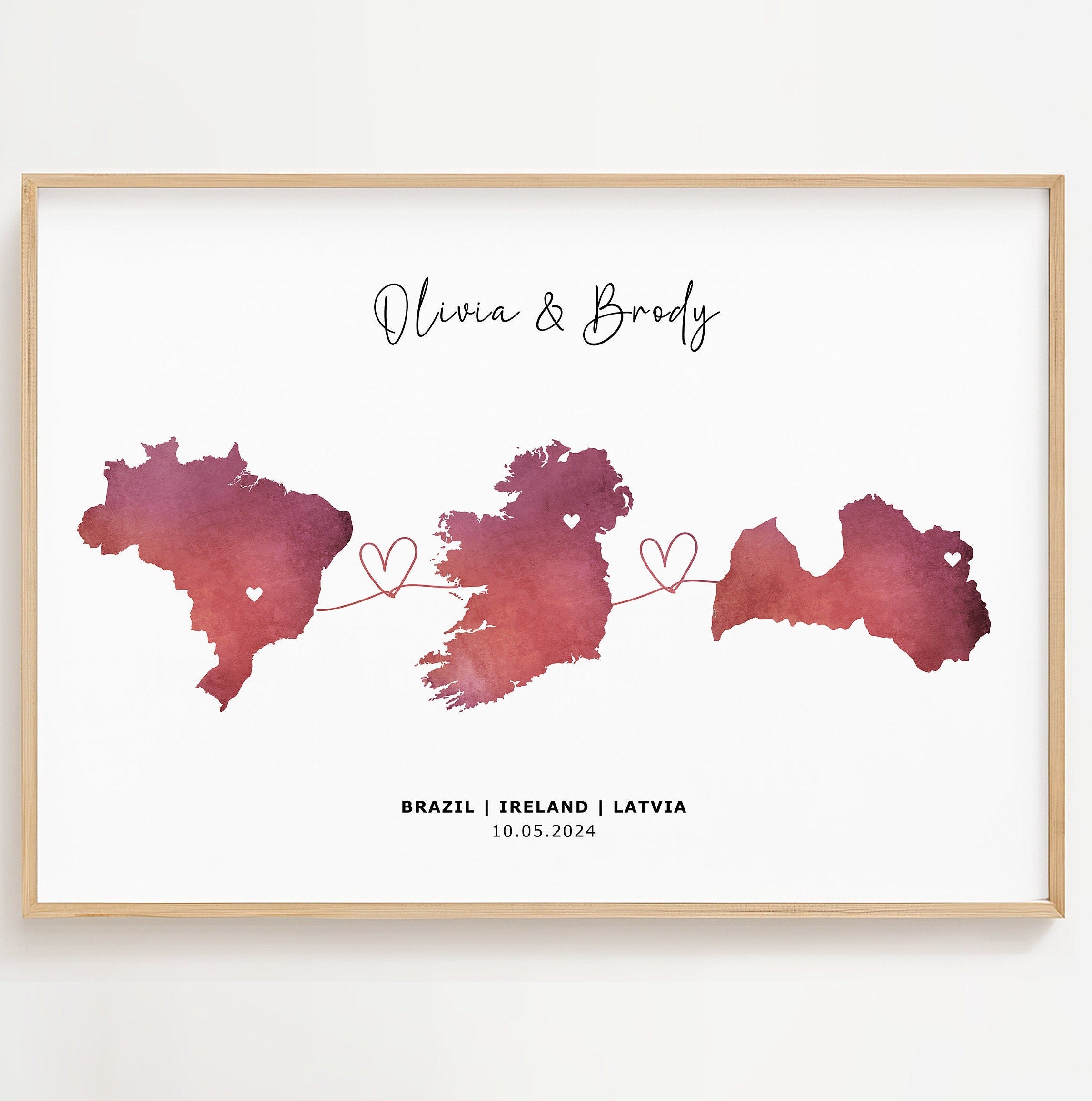 Personalised Map Wall Print - Any Three Countries, Custom Map Decor, Country to Country Wall Art Print, Gift for him, Travel Gift
