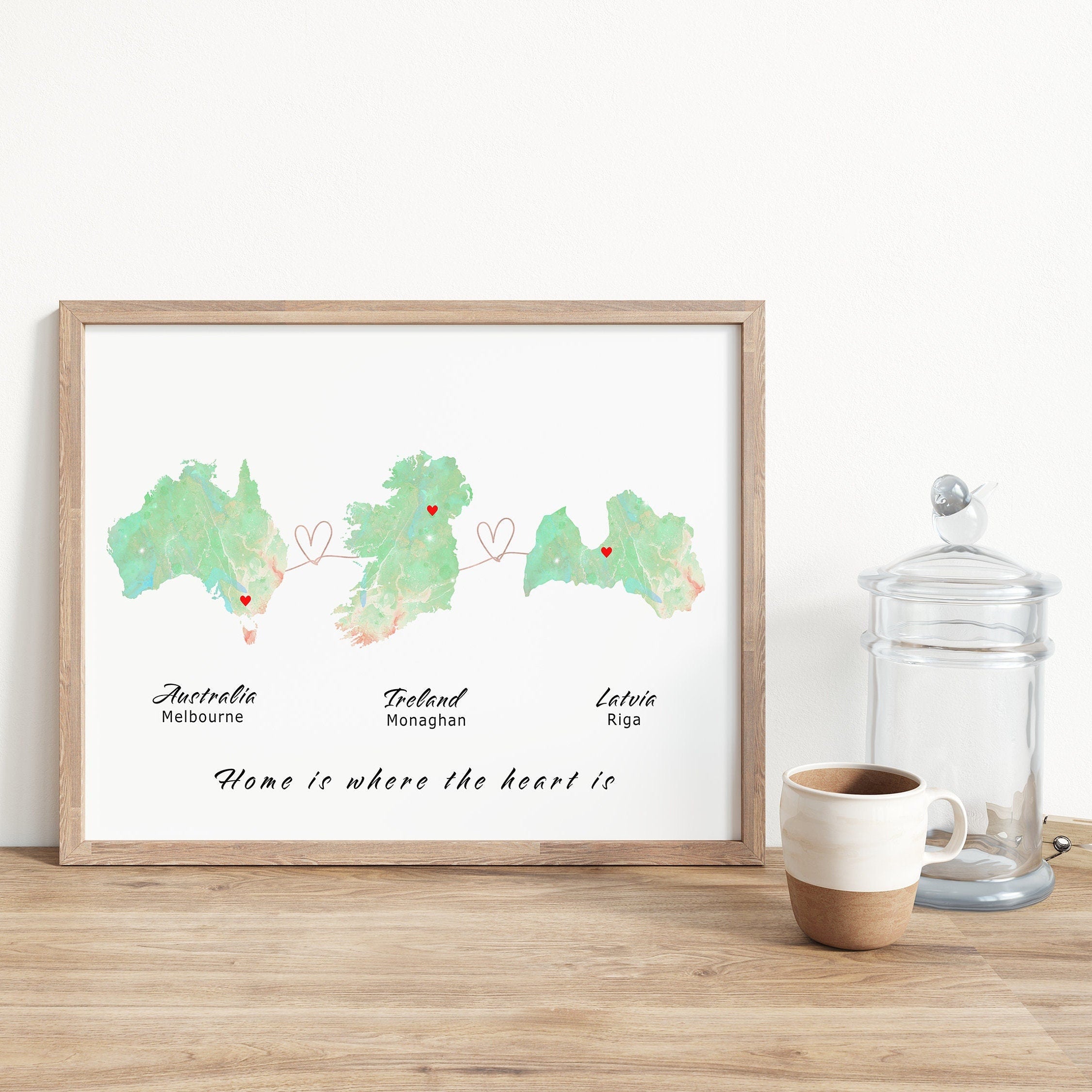 Personalised Map Wall Decor - Any Three Countries, Custom Map Print, Country to Country Wall Art, Fathers Day Gift, World Map