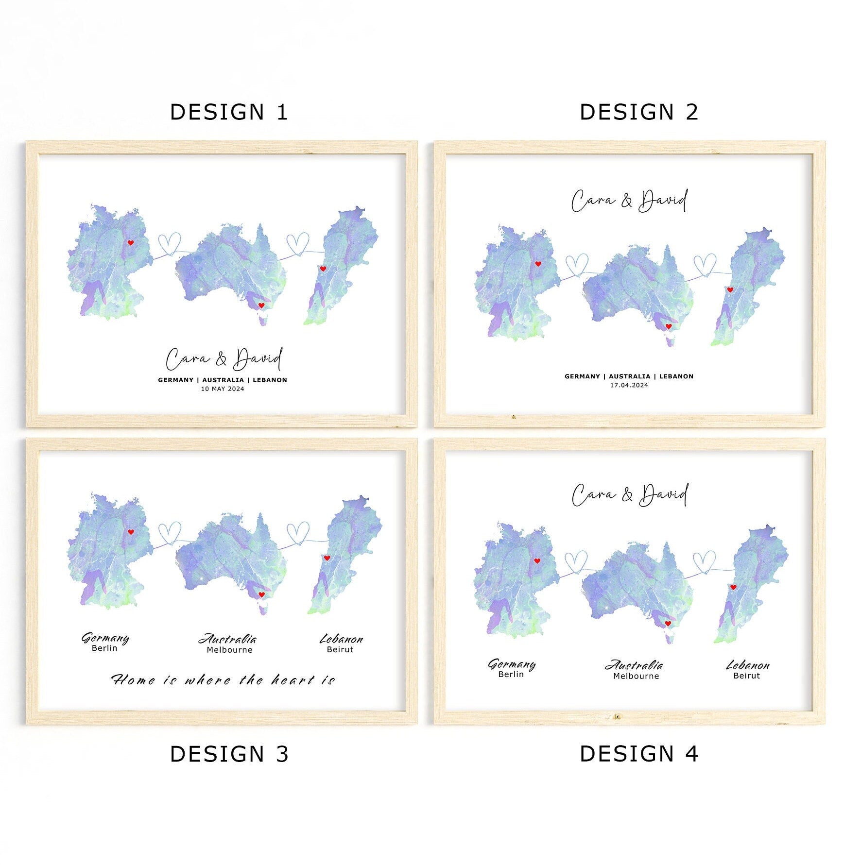 Personalised Map Wall Decor - Any Three Countries, Custom Map Print, Country to Country Wall Art, Fathers Day Gift, World Map