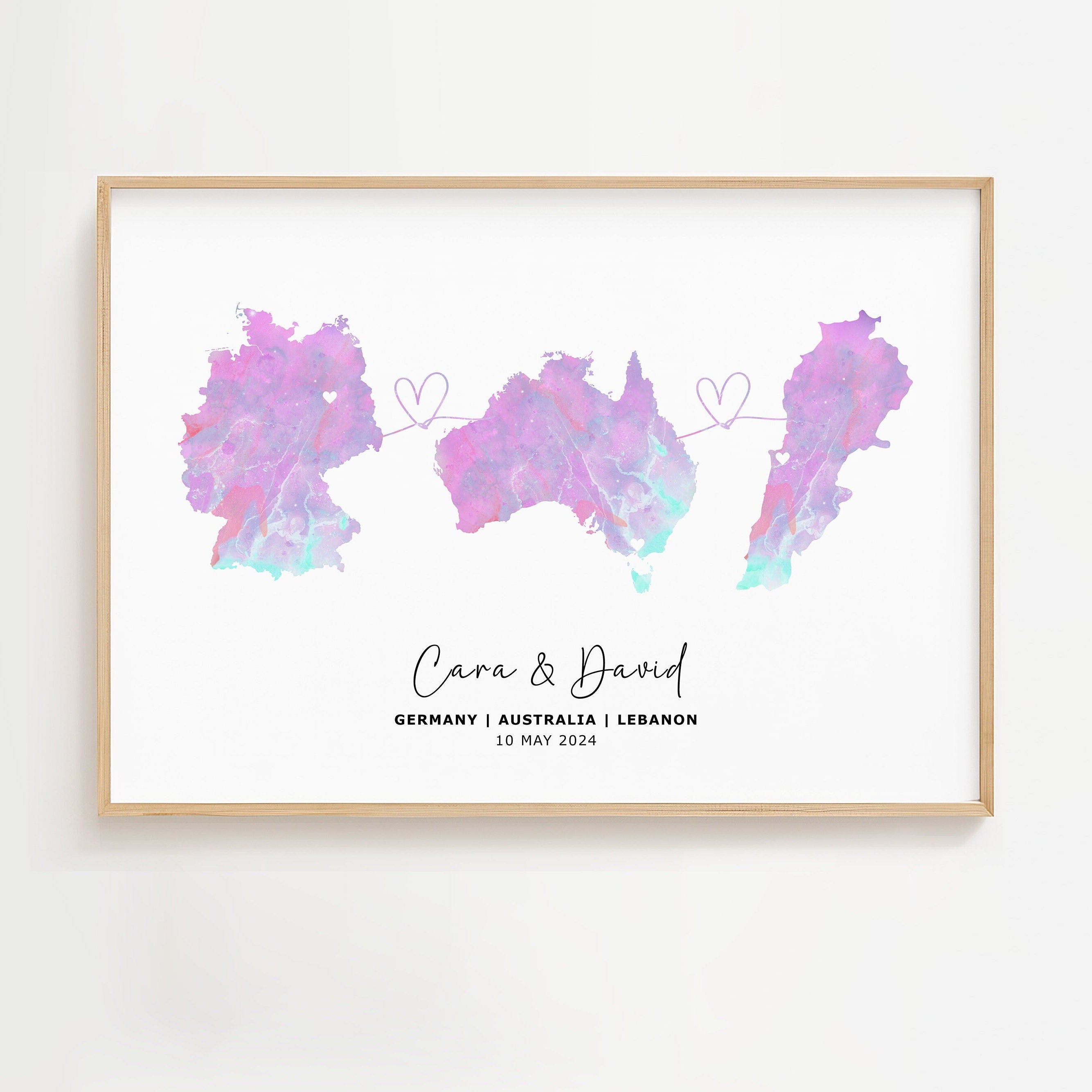 Personalised Watercolour Map - Any Three Countries, Custom Map Print, New Home Gift, Country to Country Wall Art, Holiday Home - Digital File