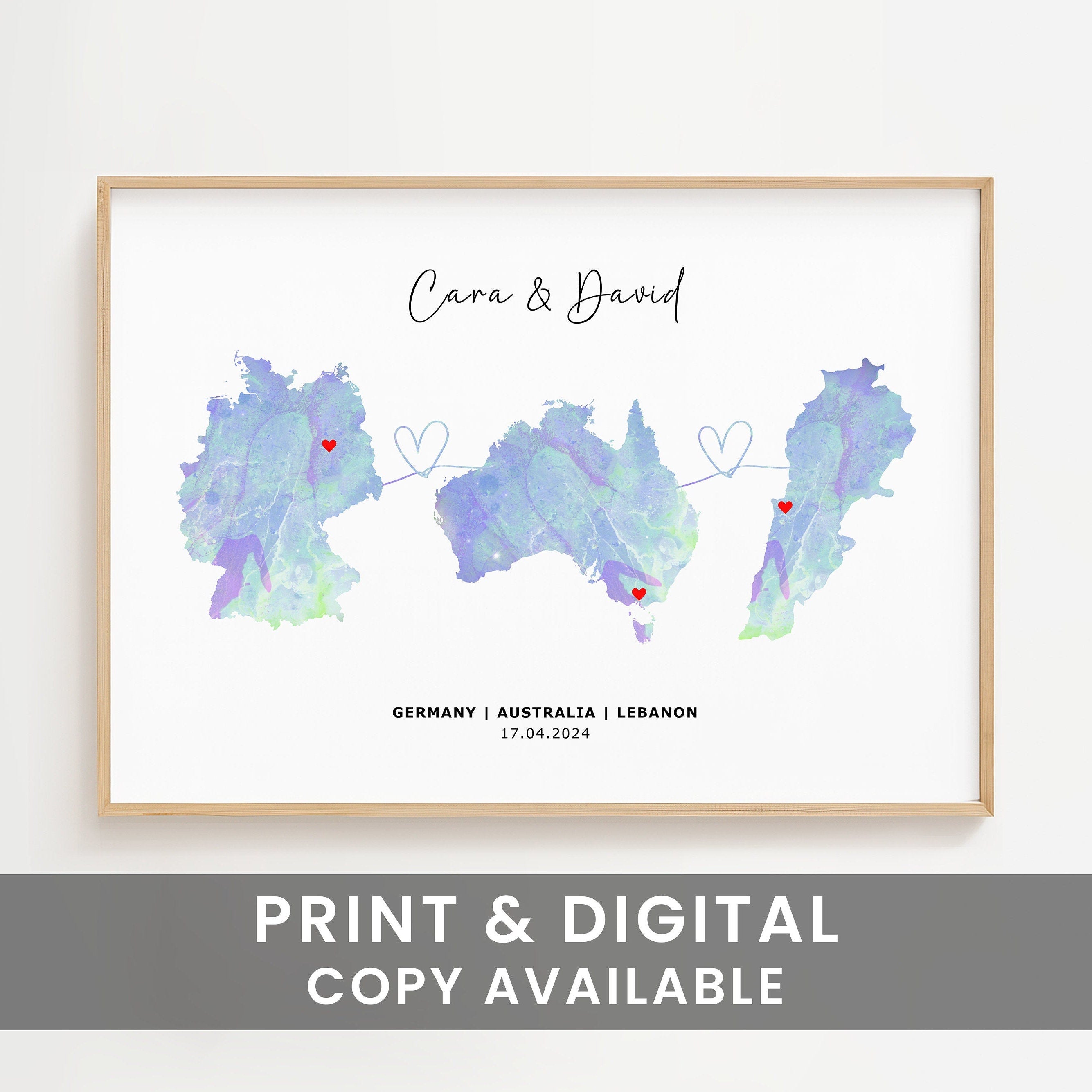 Personalised Watercolour Map - Any Three Countries, Custom Map Print, New Home Gift, Country to Country Wall Art, Holiday Home - Digital File