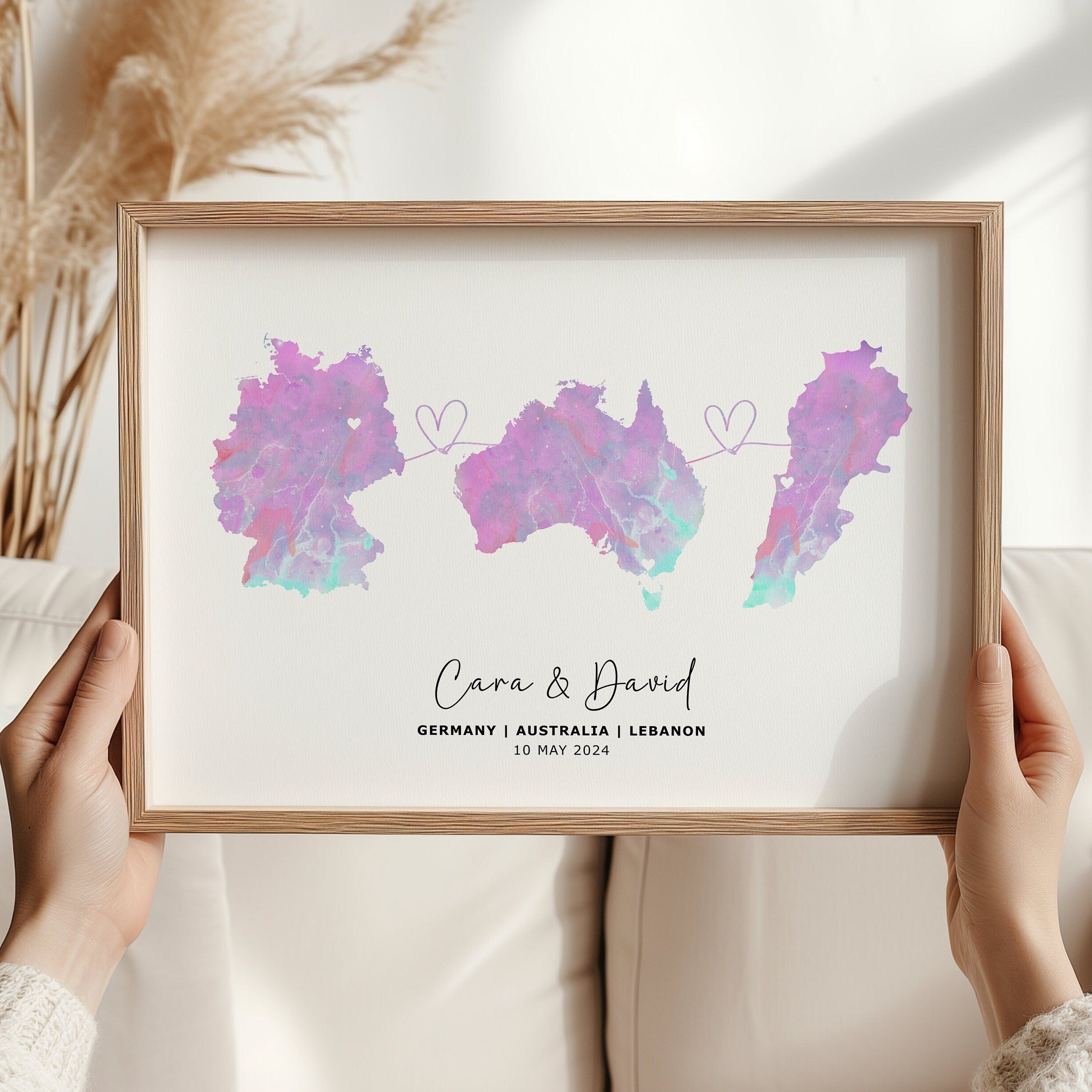 Personalised Watercolour Map - Any Three Countries, Custom Map Print, New Home Gift, Country to Country Wall Art, Holiday Home - Digital File