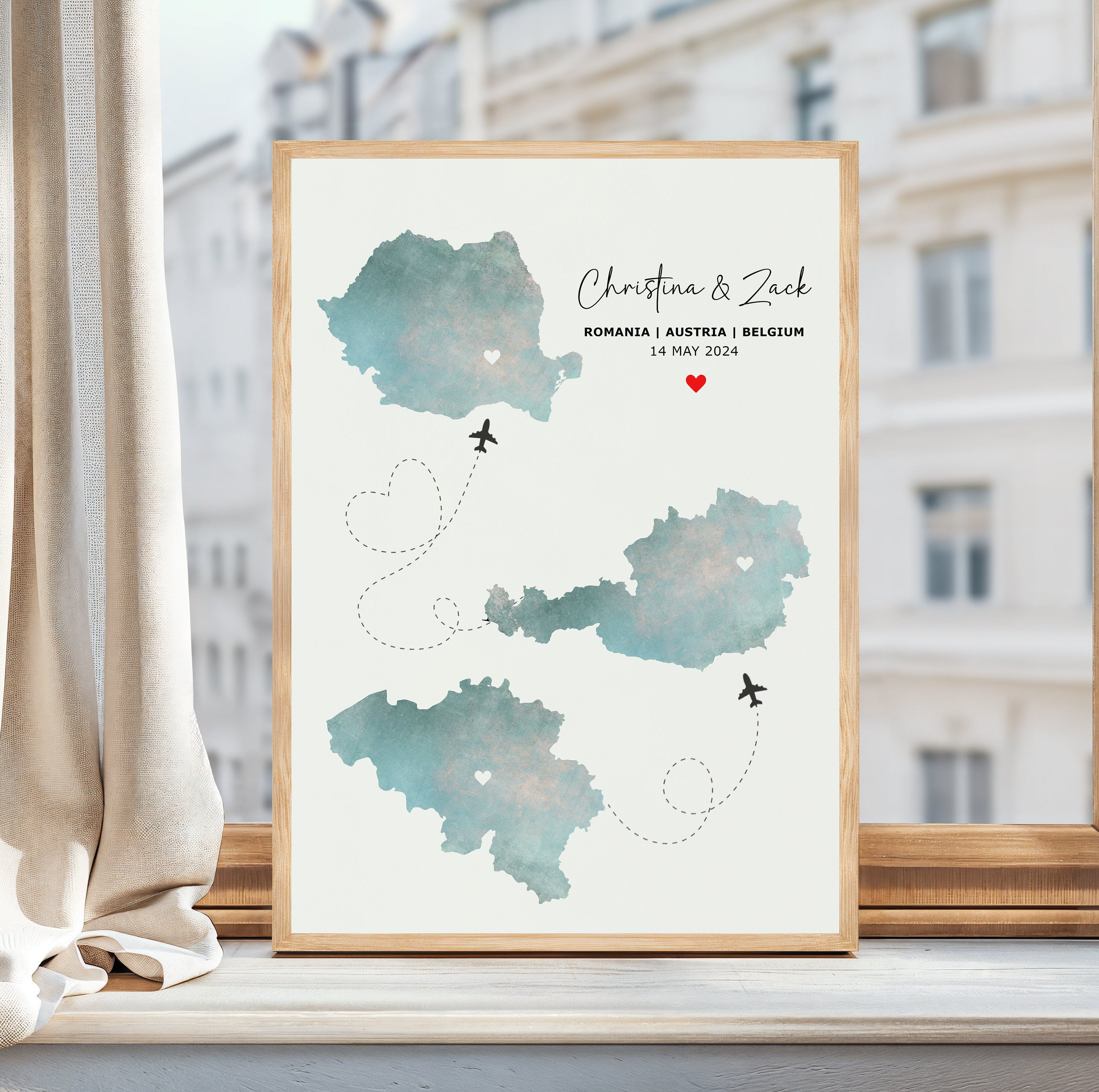 Personalised Map Print - Any Three Countries, Custom Map Wall Art, New Home Gift, Travel Gift, Office Decoration