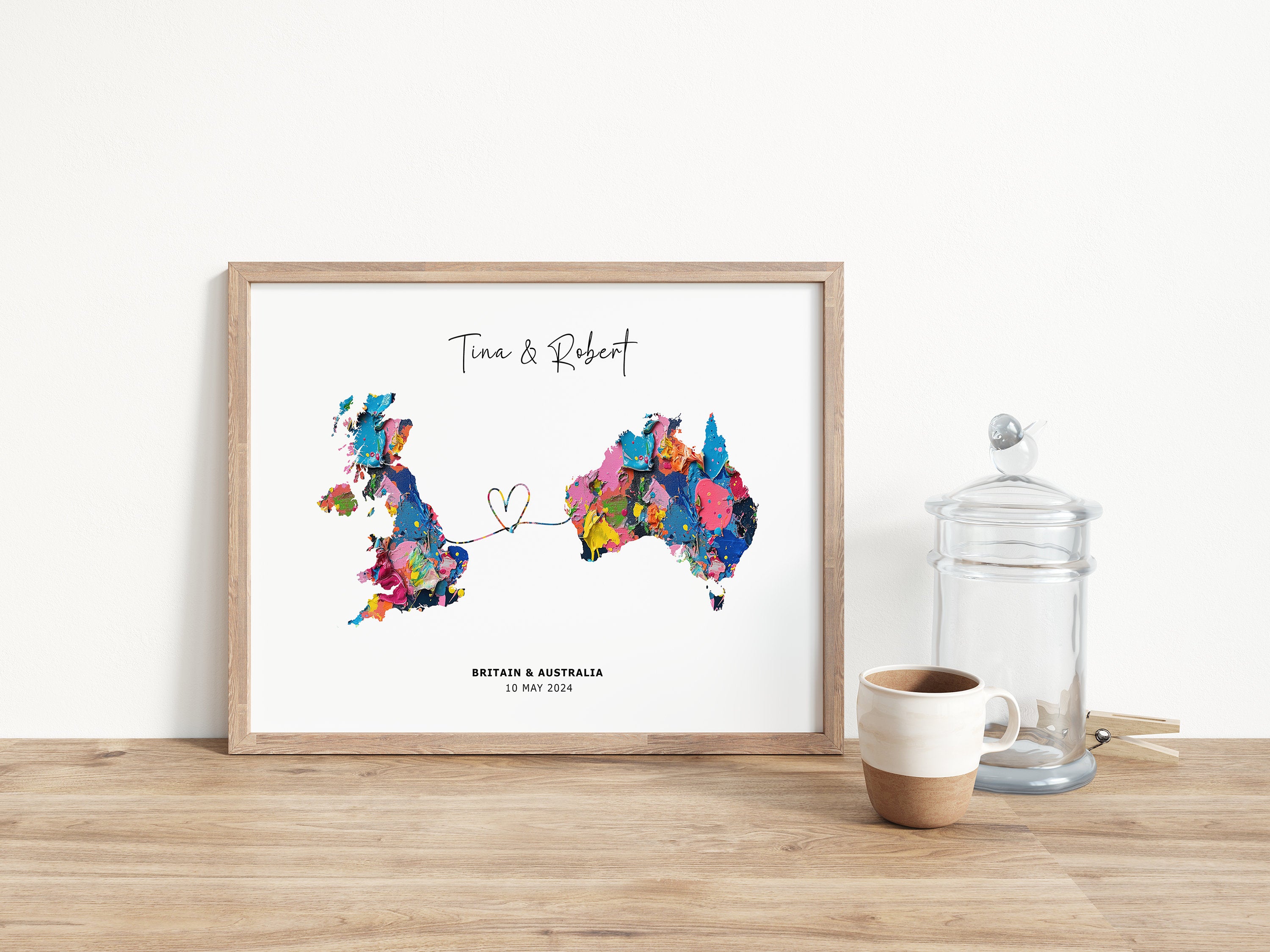 Personalised Map Wall Decor, Any Two Countries, Custom Map Print, Country to Country Wall Art, Fathers Day Gift, Texture Paint - Digital File