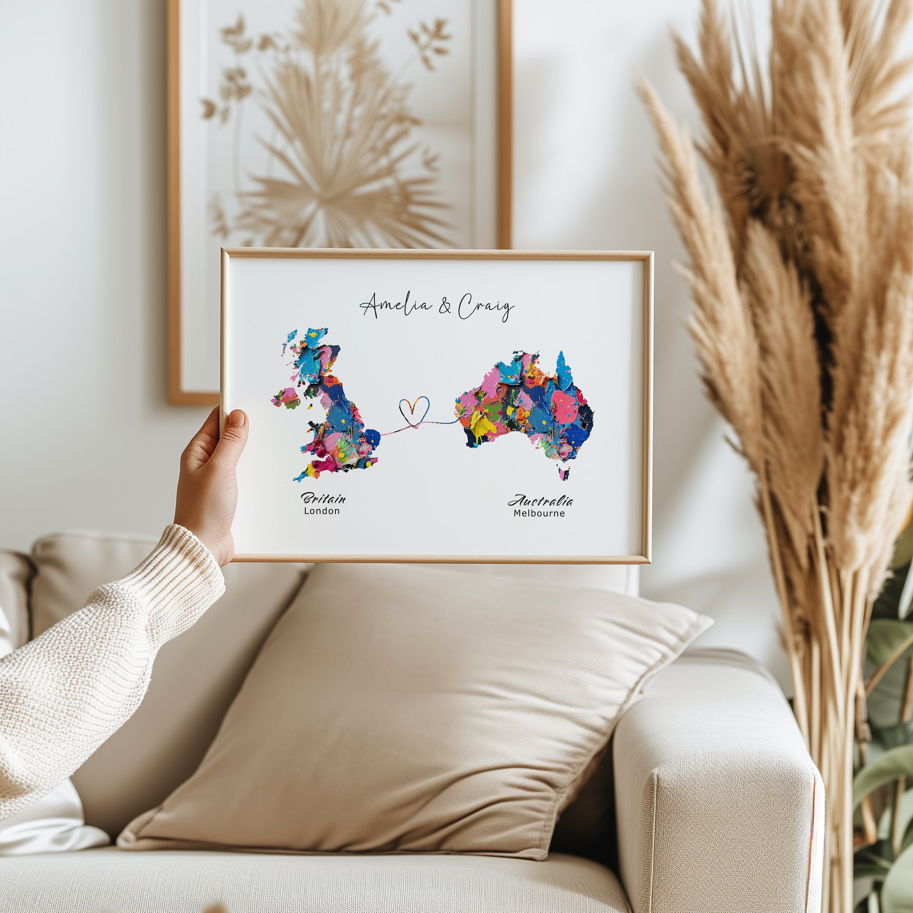 Personalised Map Wall Decor, Any Two Countries, Custom Map Print, Country to Country Wall Art, Fathers Day Gift, Texture Paint - Digital File