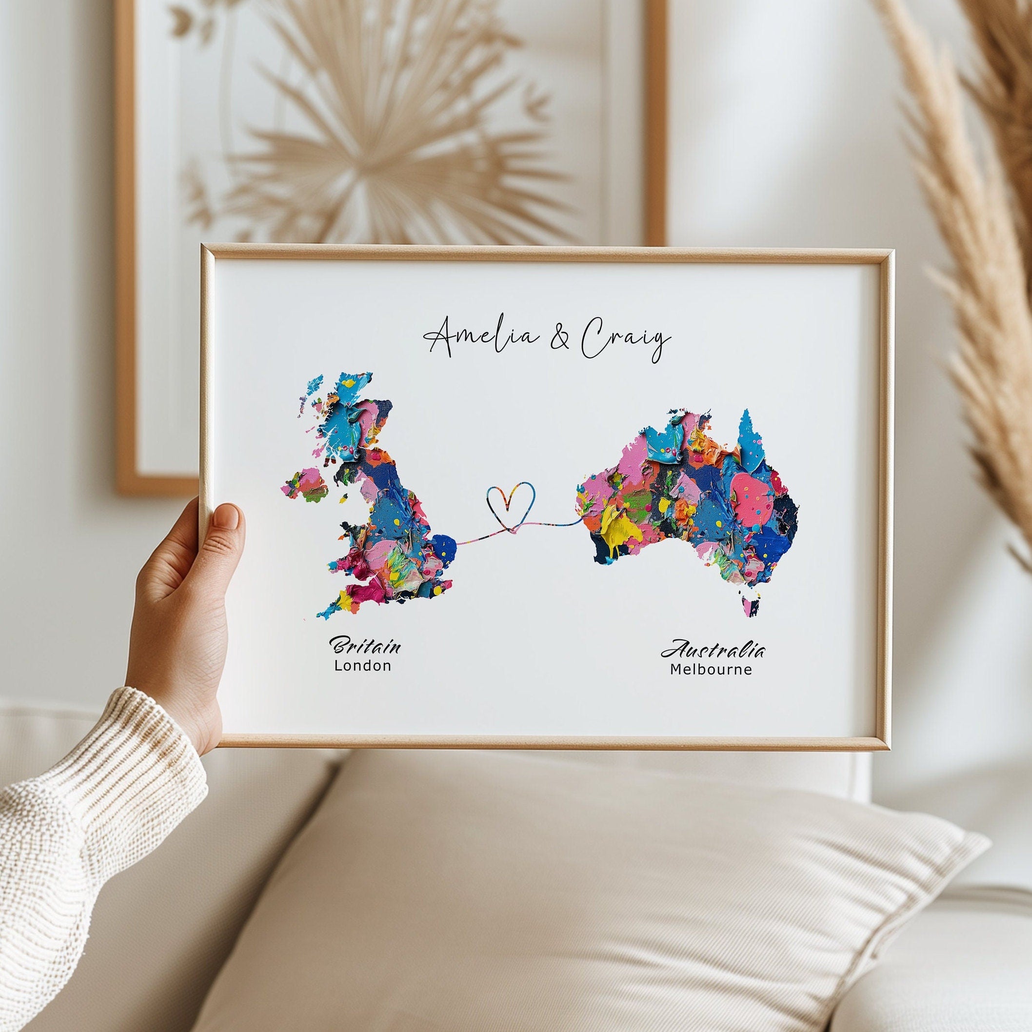 Personalised Map Wall Decor, Any Two Countries, Custom Map Print, Country to Country Wall Art, Fathers Day Gift, Texture Paint