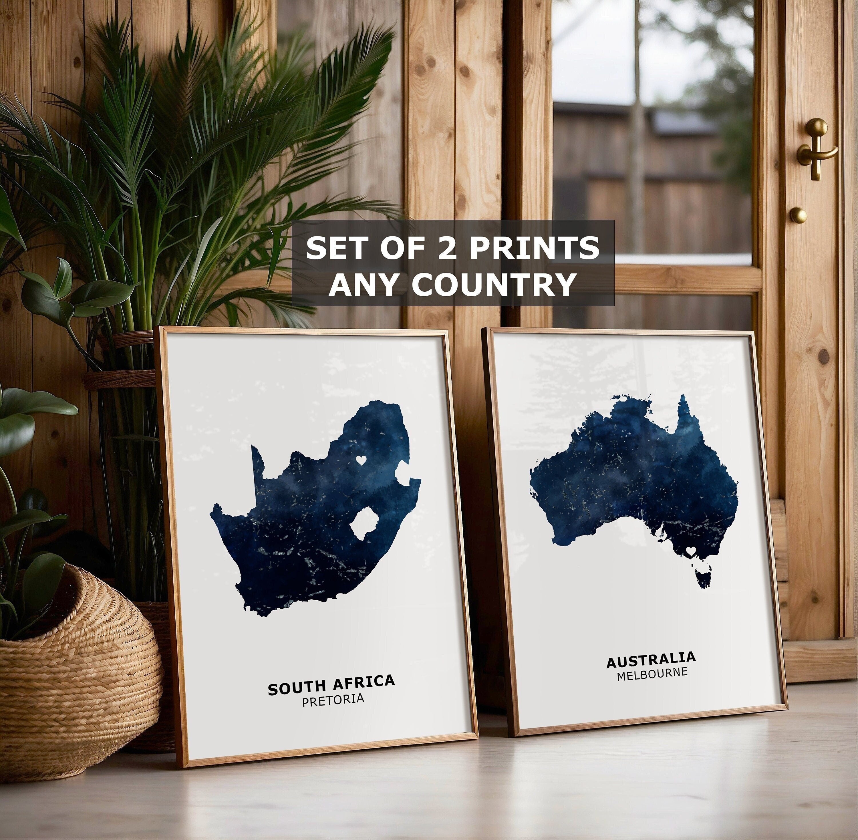 Personalised Map Print, Set of 2, Custom Watercolour Map Posters - Any Two Countries, Custom Map Wall Art, New Home Gift, Moving Gift