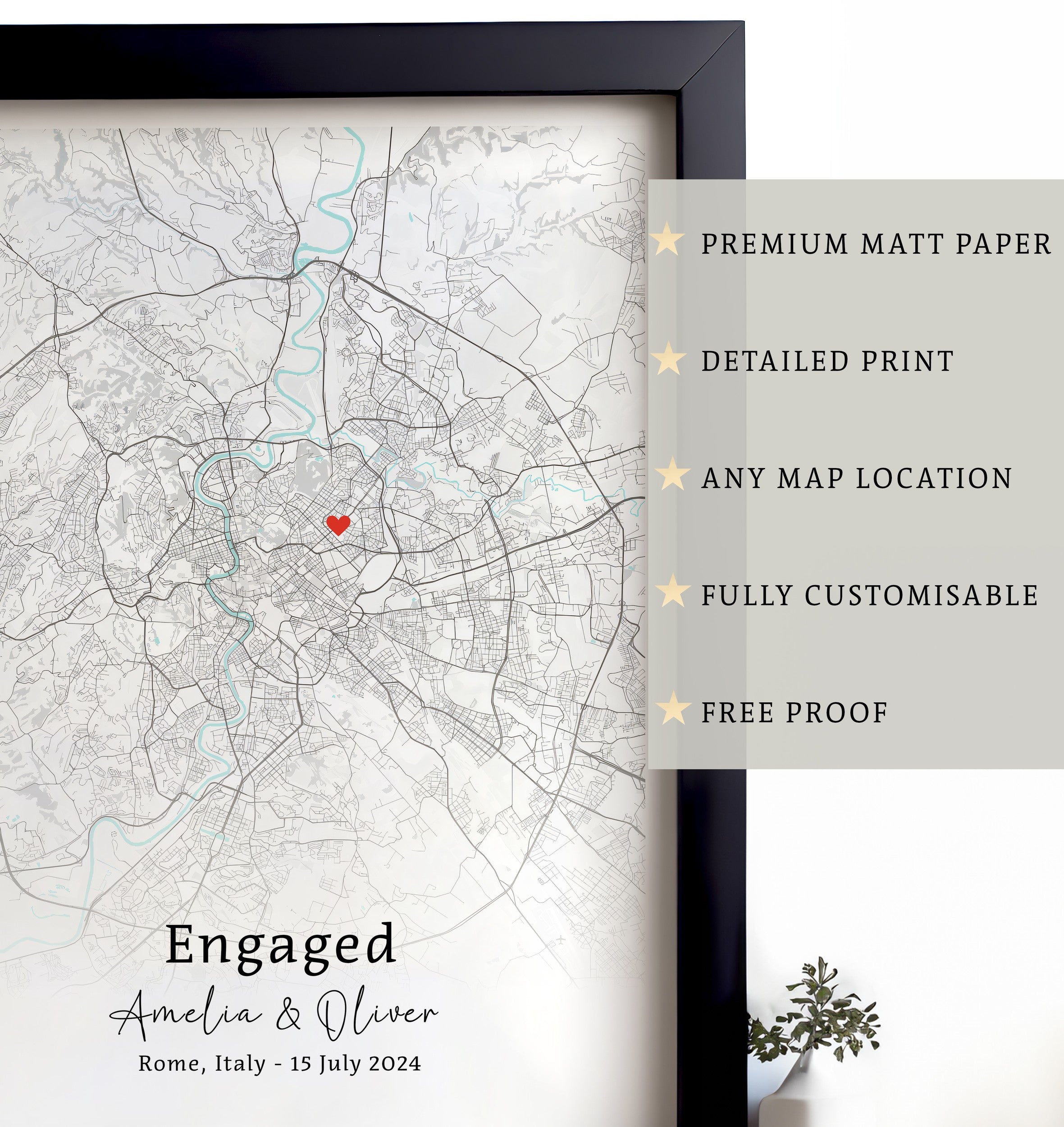 Custom Engagement Map & Photo Print, Personalised Engagement Poster for Her, Unique Gift for Engaged Couple