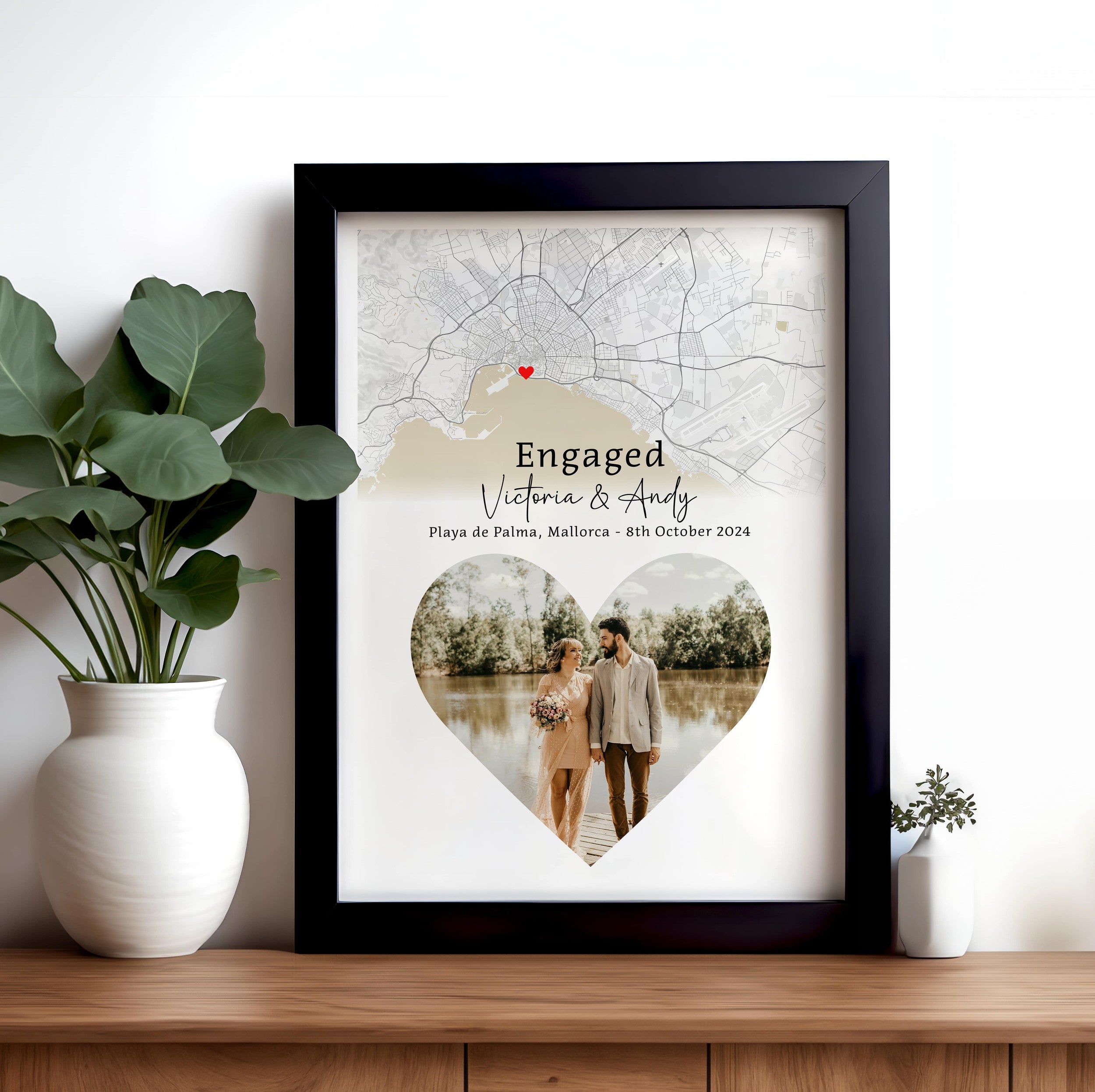 Engagement Gift Print, Map and Photo Wall Art, Personalised Gift for Engaged Couple, Engagement Present, Couple Decor