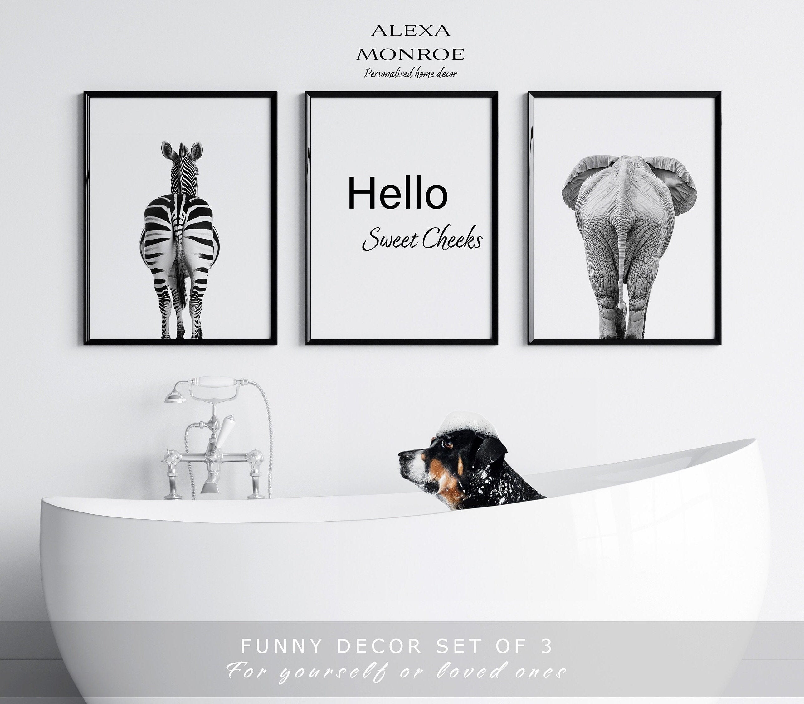 Hello Sweet Cheeks Set Of 3 Funny Zebra Elephant wall Art Digital Files, Funny Bathroom Print, New Home Gift, Funny Pet Bathroom Decor - Digital File