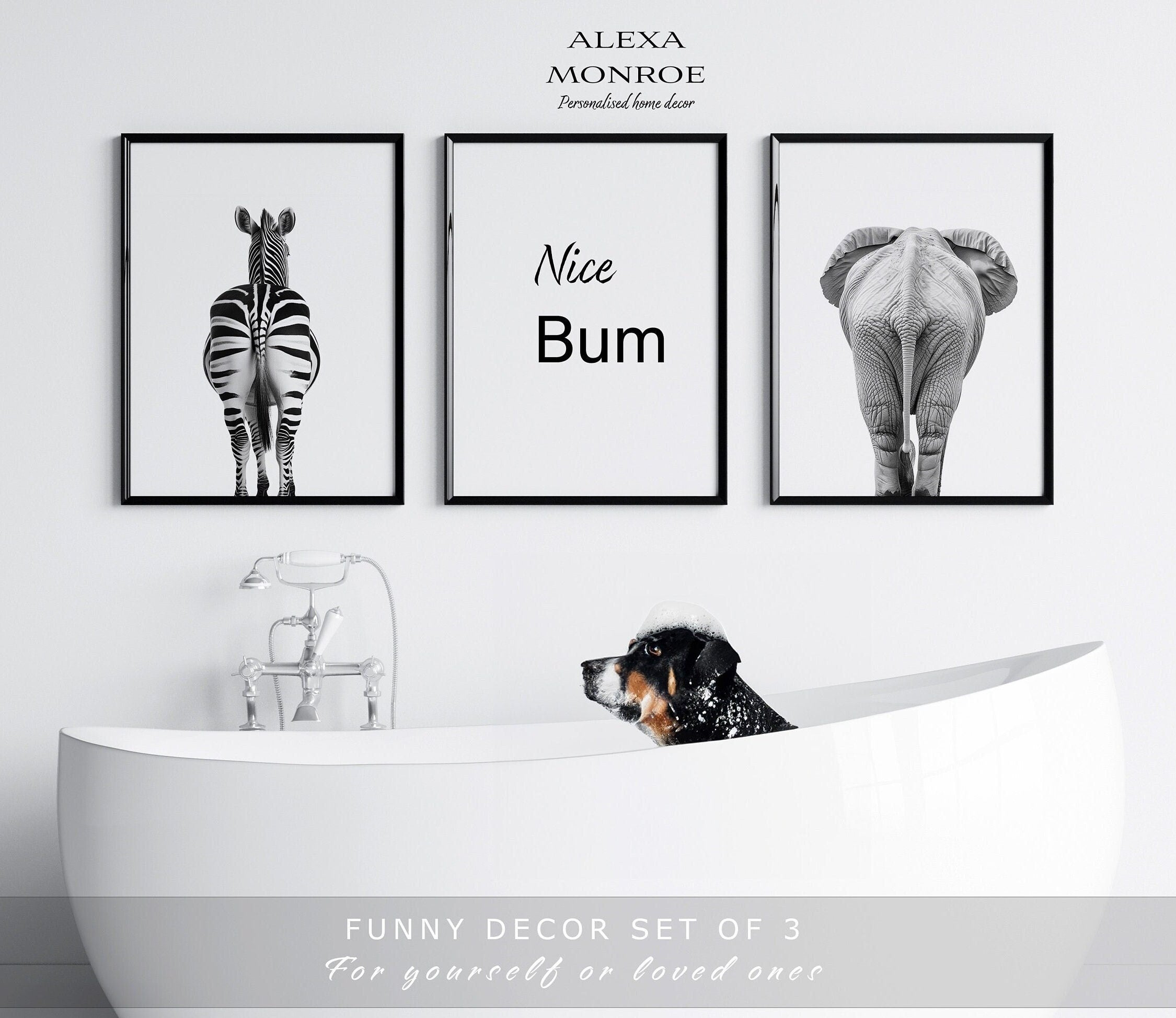 Nice Bum Zebra Elephant Funny Wall Art, Set Of 3 Digital Files, Funny Bathroom Decor, Printable Animal Portrait, New Home Gift, Funny Quote - Digital File