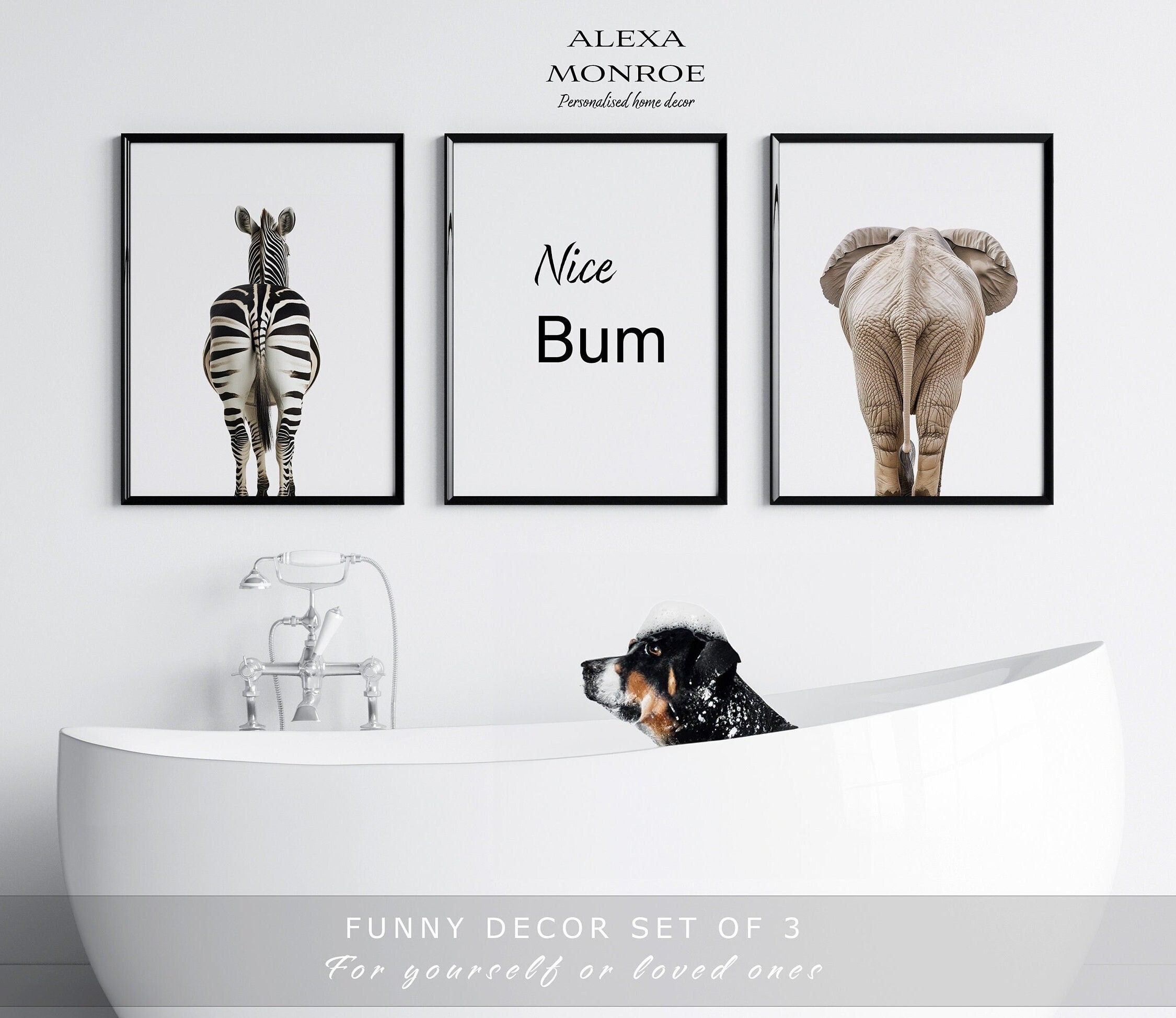 Nice Bum Zebra Elephant Funny Wall Art, Set Of 3 Digital Files, Funny Bathroom Decor, Printable Animal Portrait, New Home Gift, Funny Quote - Digital File