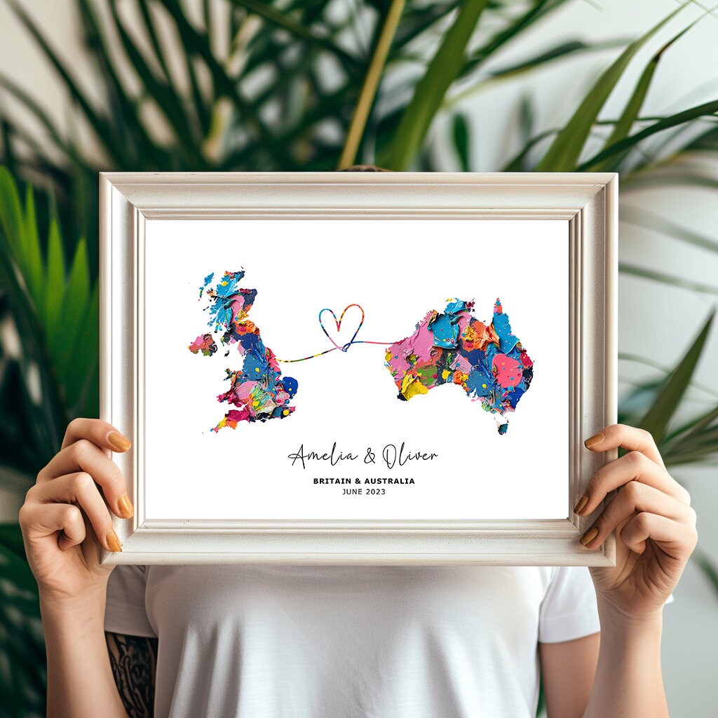 Personalised Map Wall Decor, Any Two Countries, Custom Map Print, Country to Country Wall Art, Fathers Day Gift, Texture Paint - Digital File