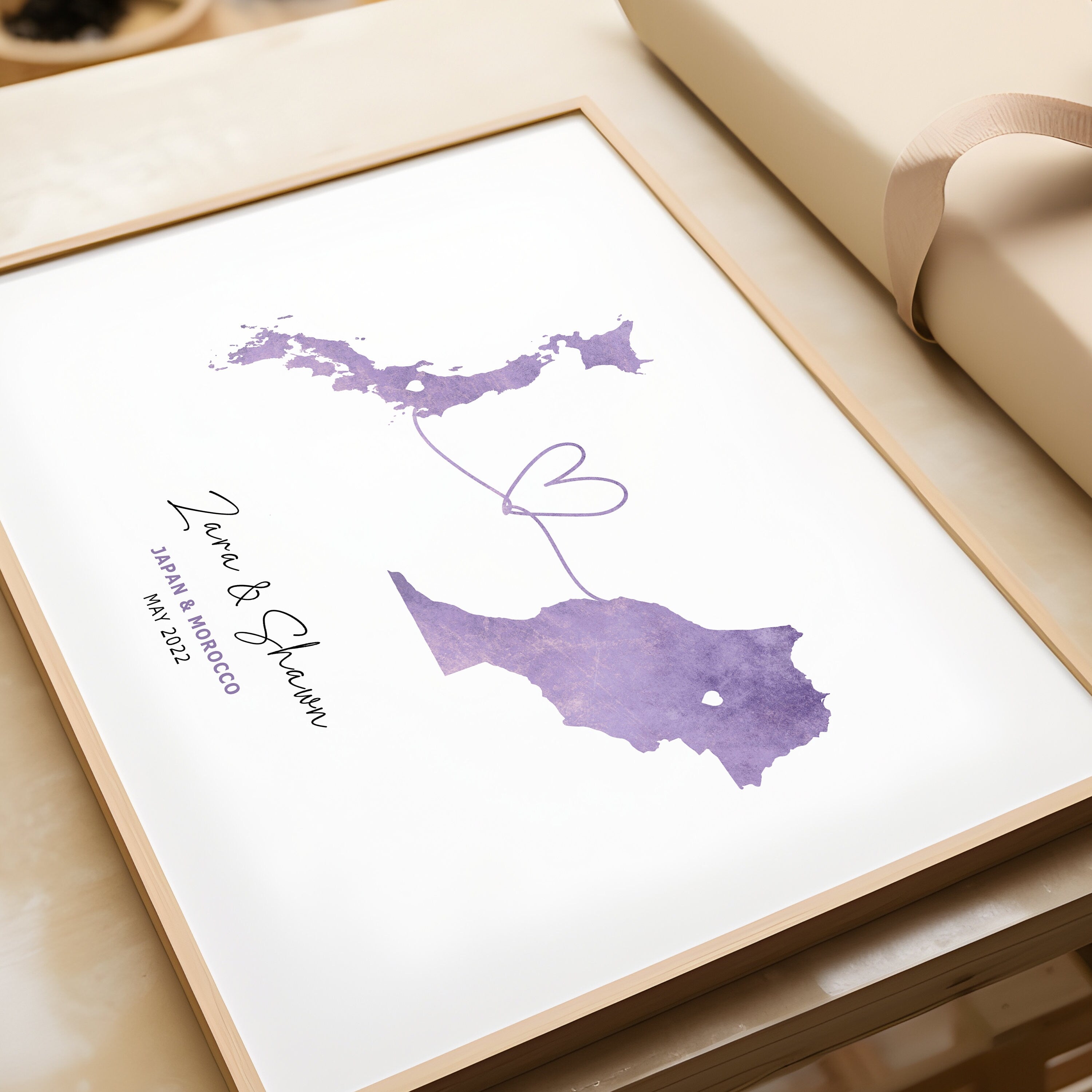 Personalised Map Print, Any 2 Countries, Wall Art Poster, Unique Gift Idea, Love Heart Location Map Print, Country to Country