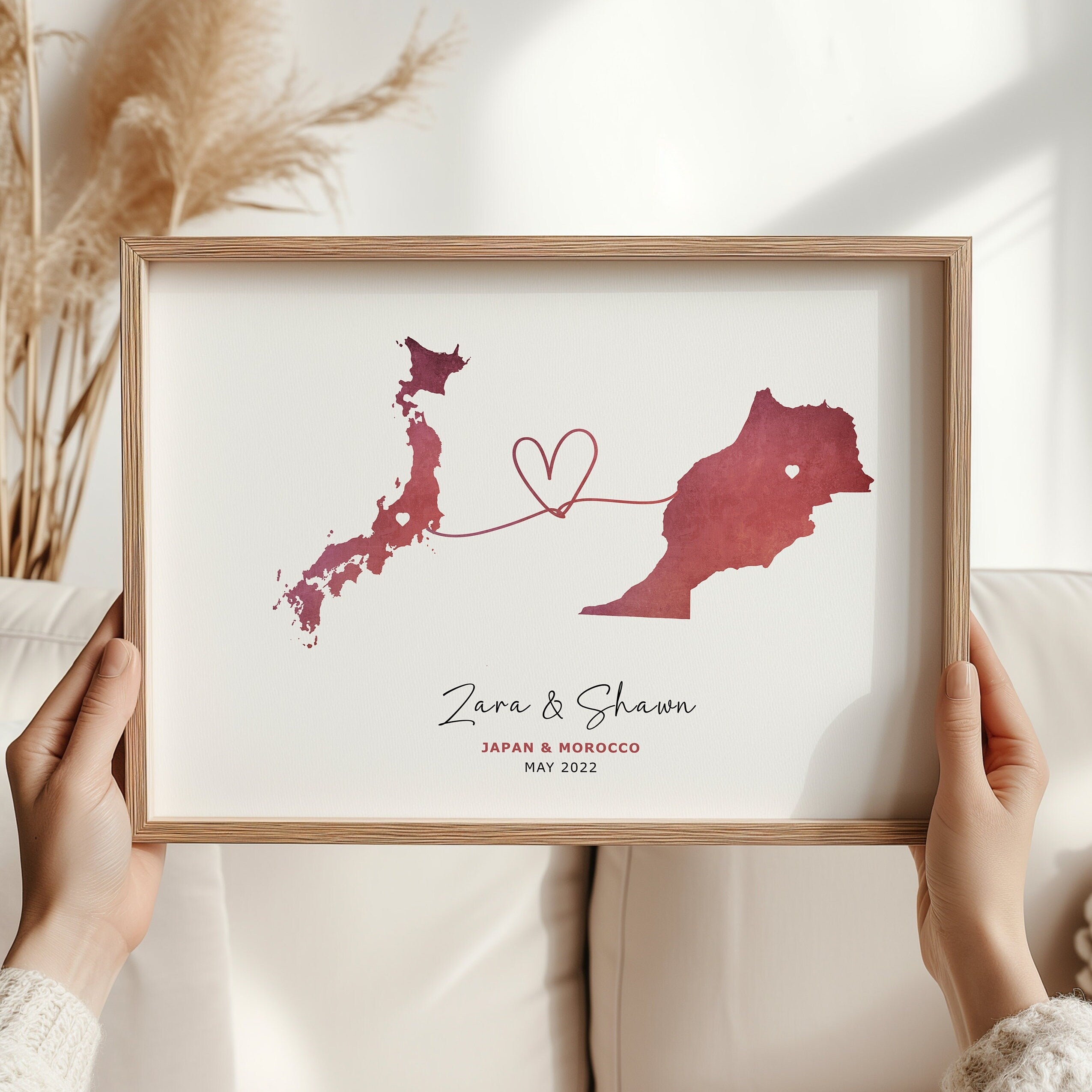 Personalised Map Print, Any 2 Countries, Wall Art Poster, Unique Gift Idea, Love Heart Location Map Print, Country to Country