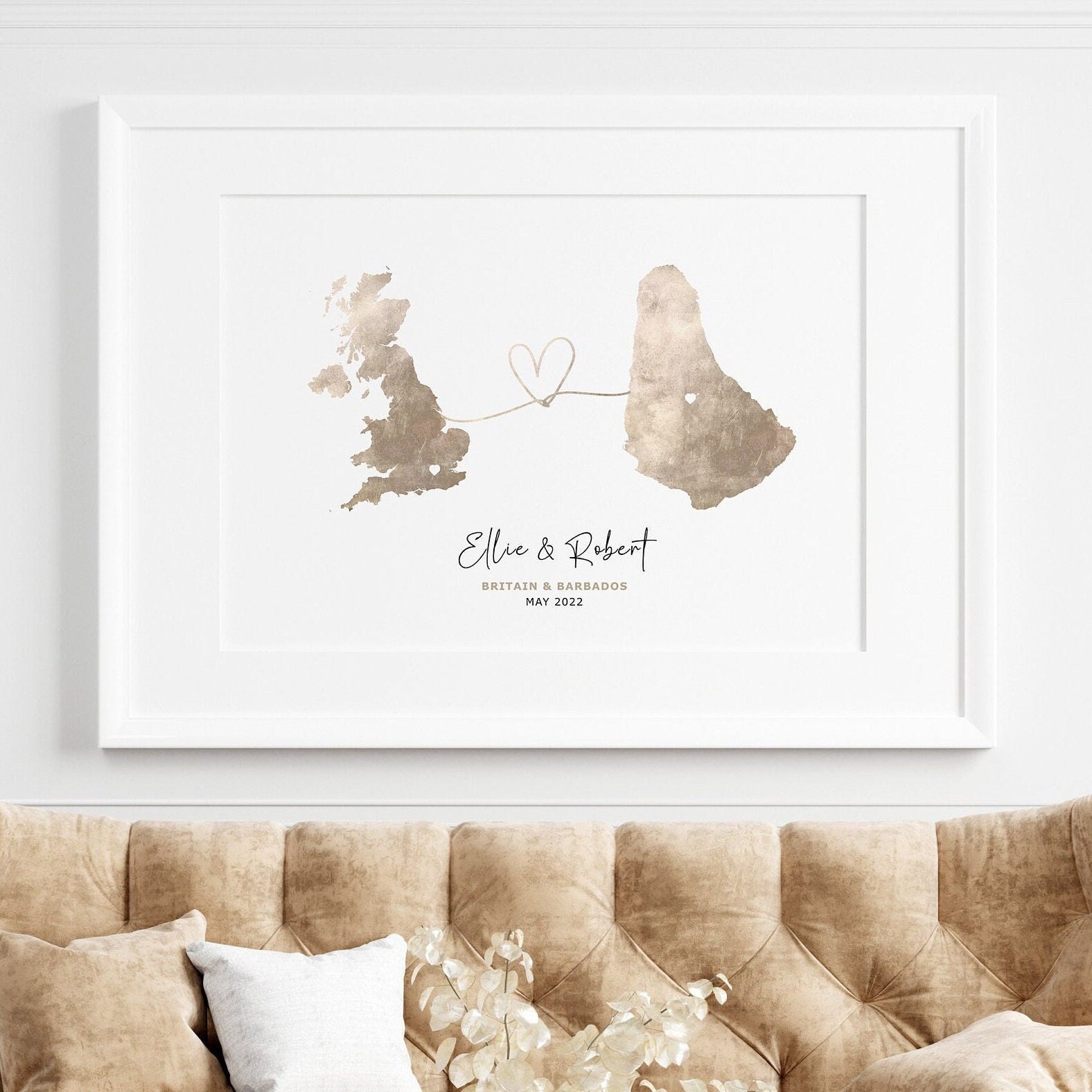 Personalised Map Print, Any 2 Countries, Wall Art Poster, Unique Gift Idea, Love Heart Location Map Print, Country to Country