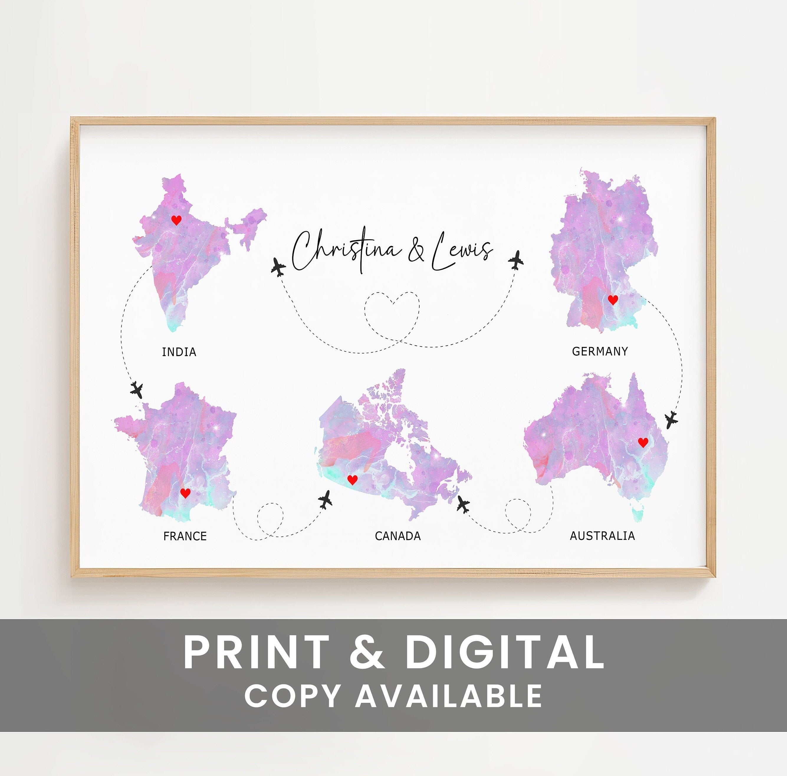 Watercolour Map Print - Up to Any 5 Countries, Custom Map Wall Art, New Home Gift, Travel Gift, Office Decoration DIGITAL COPY