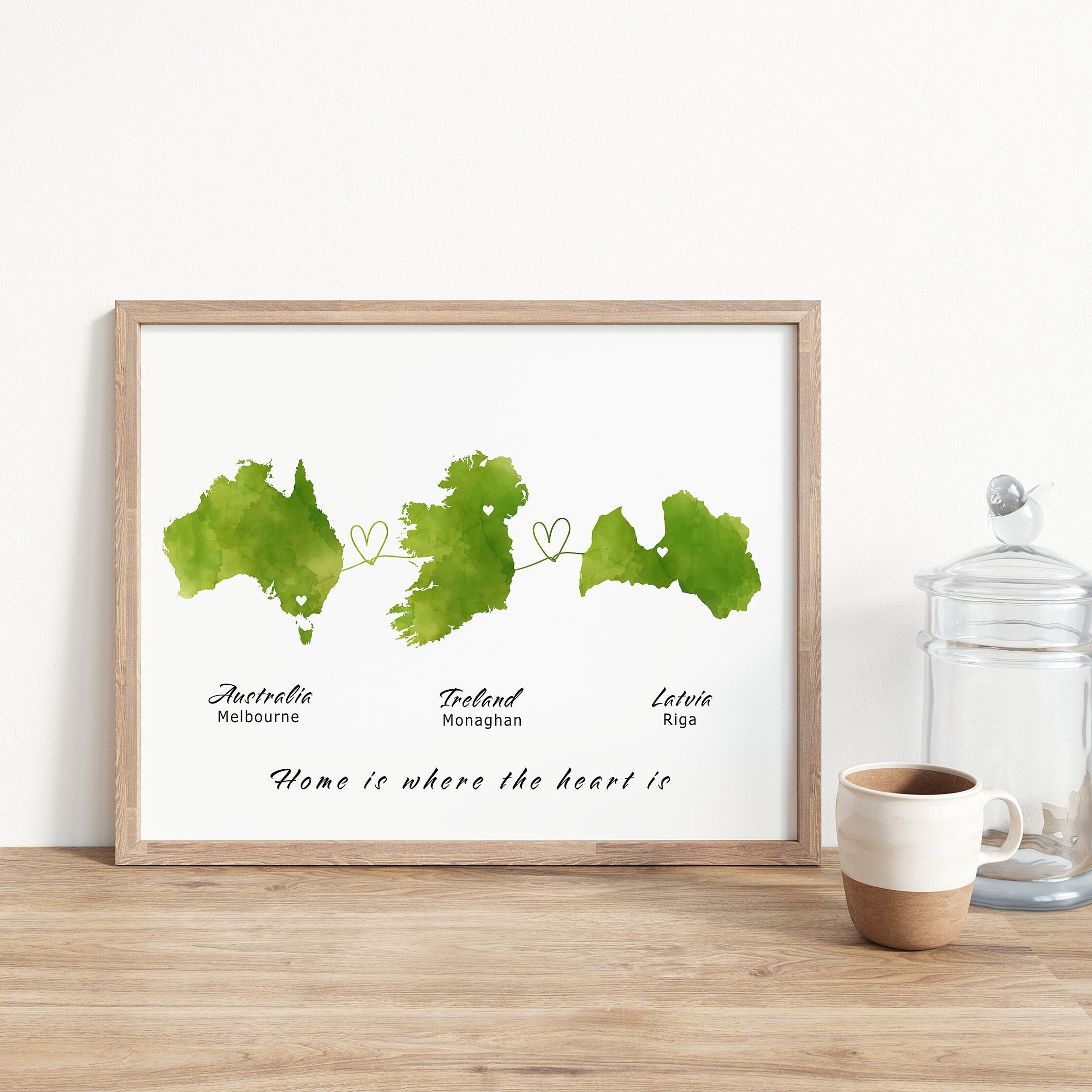 Personalised Map Wall Print - Any Three Countries, Custom Map Decor, Country to Country Wall Art Print, Gift for him, Travel Gift