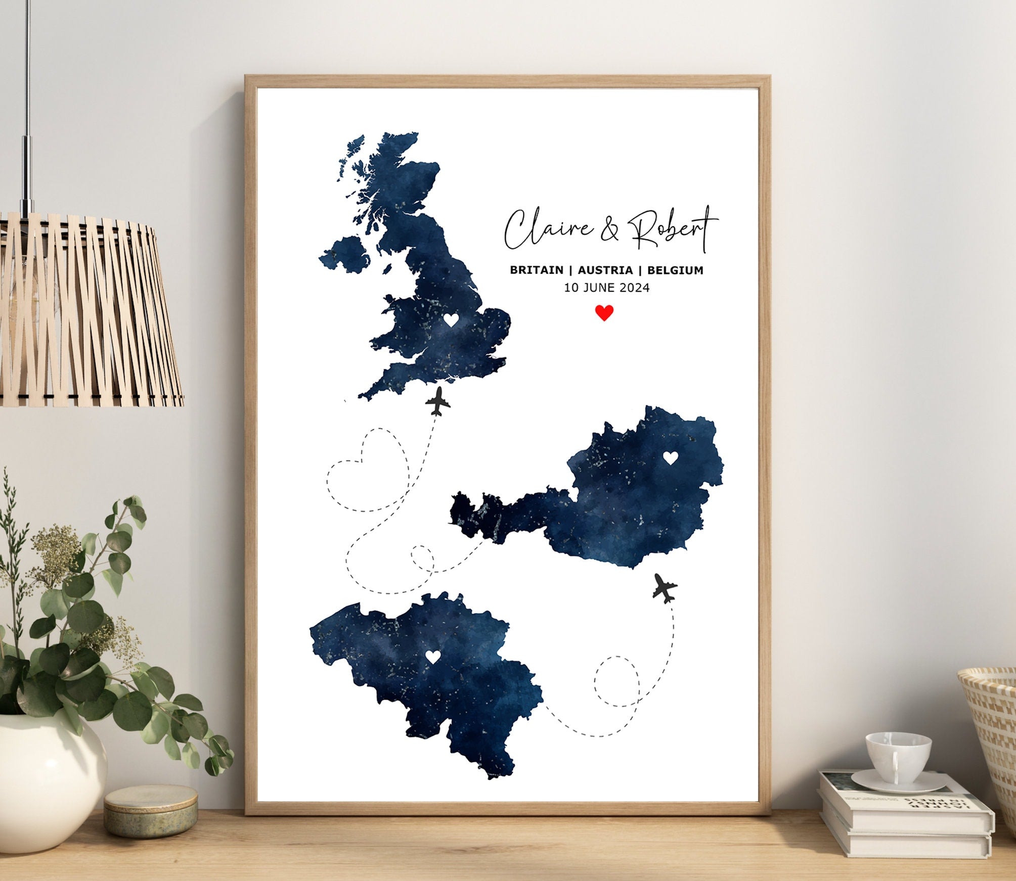 Watercolour Map Print - Any 3 Countries, Custom Map Wall Art, New Home Gift, Travel Gift, Office Decoration