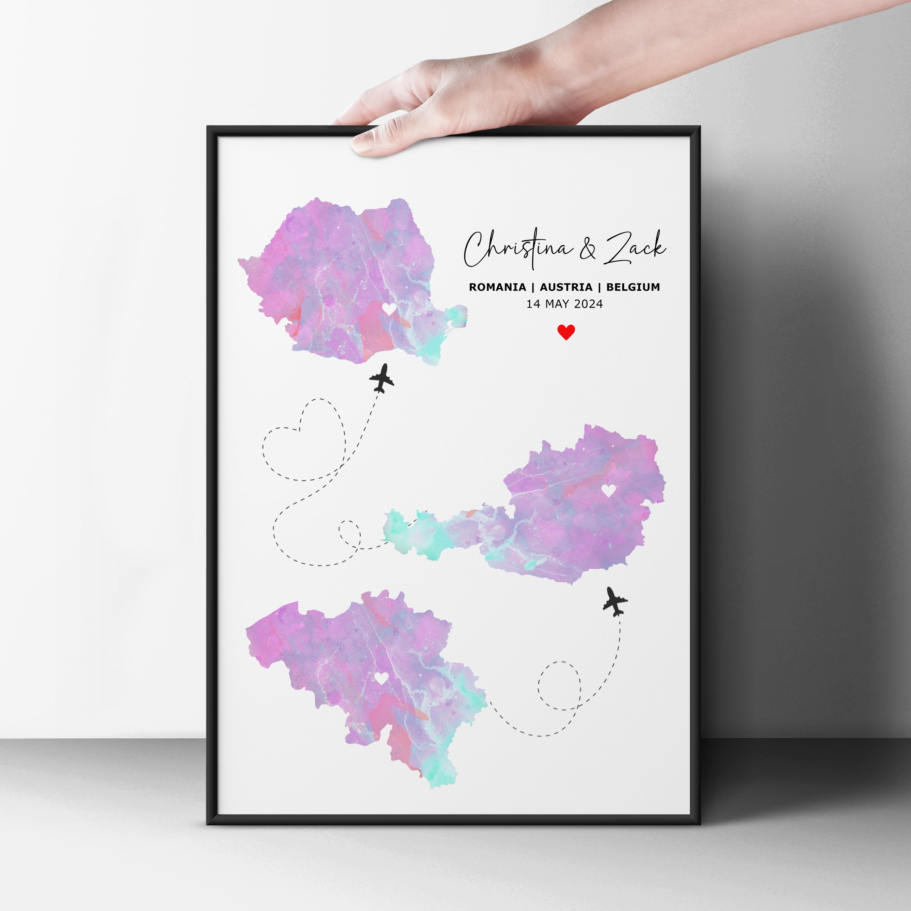 Watercolour Map Print - Any Three Countries, Custom Map Wall Art, New Home Gift, Travel Gift, Office Decoration - Digital File