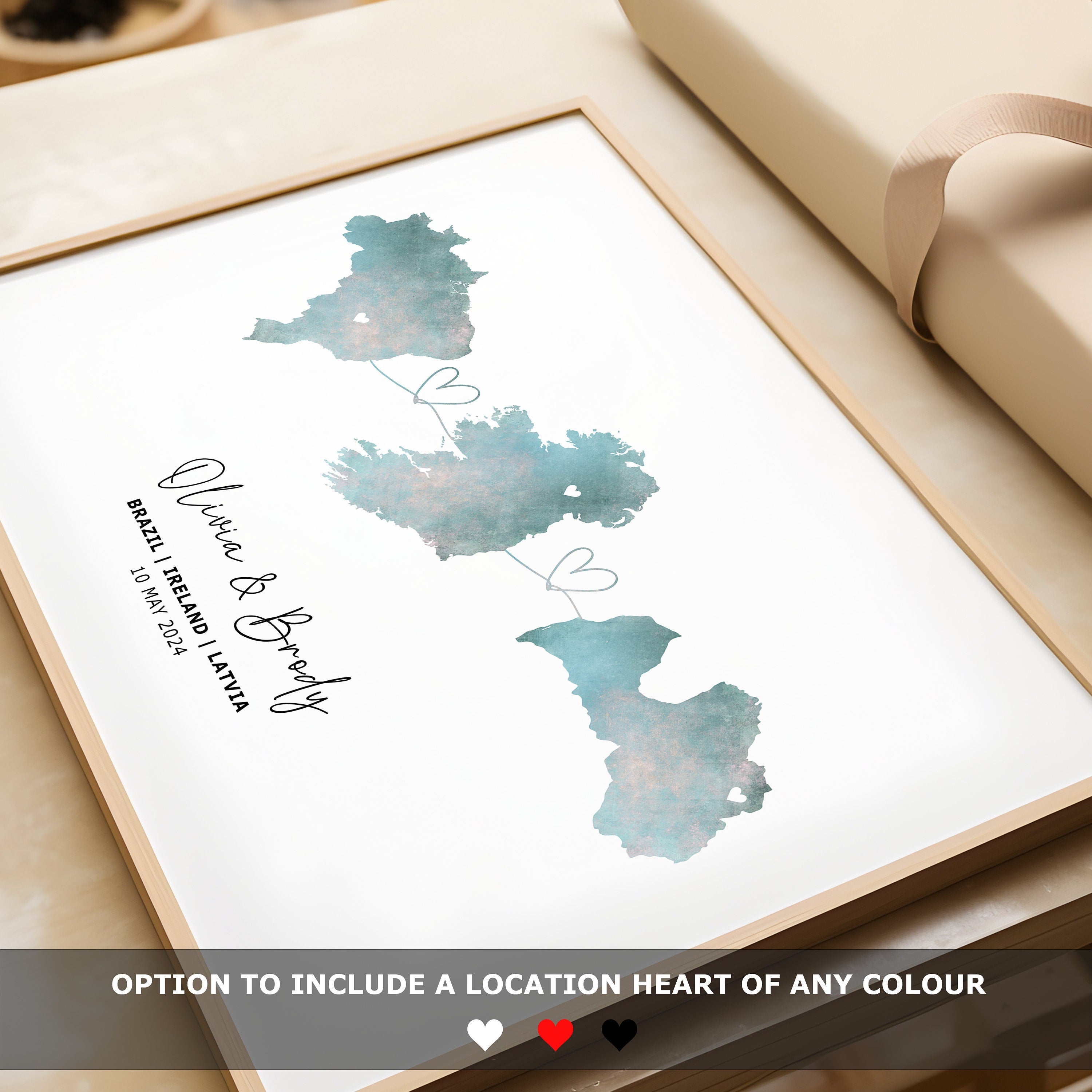 Personalised Map Wall Print - Any Three Countries, Custom Map Decor, Country to Country Wall Art Print, Gift for him, Travel Gift