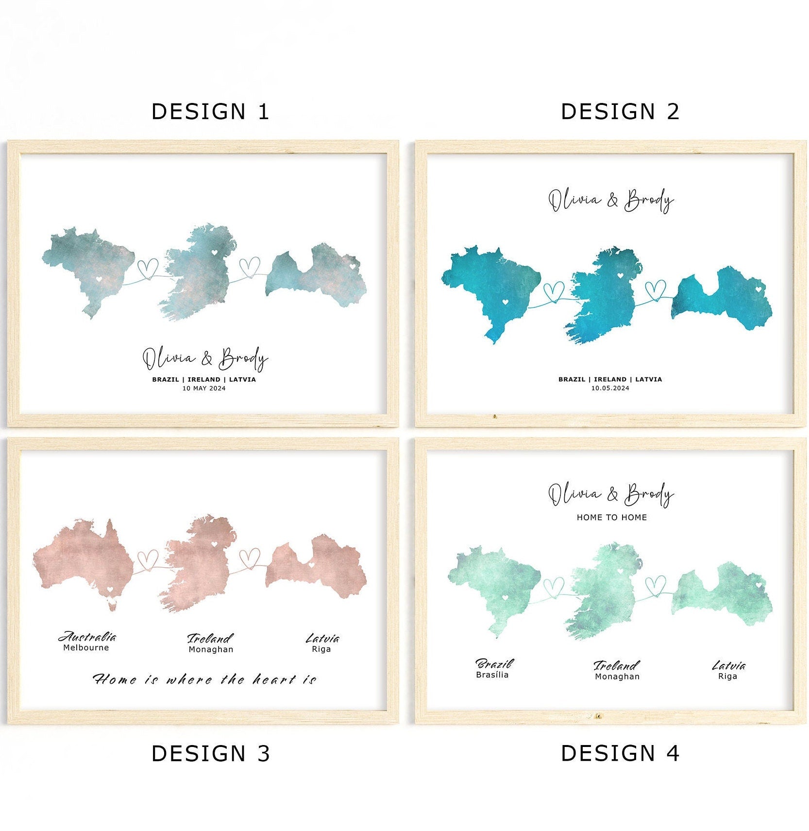 Personalised Map Wall Print - Any Three Countries, Custom Map Decor, Country to Country Wall Art Print, Gift for him, Travel Gift