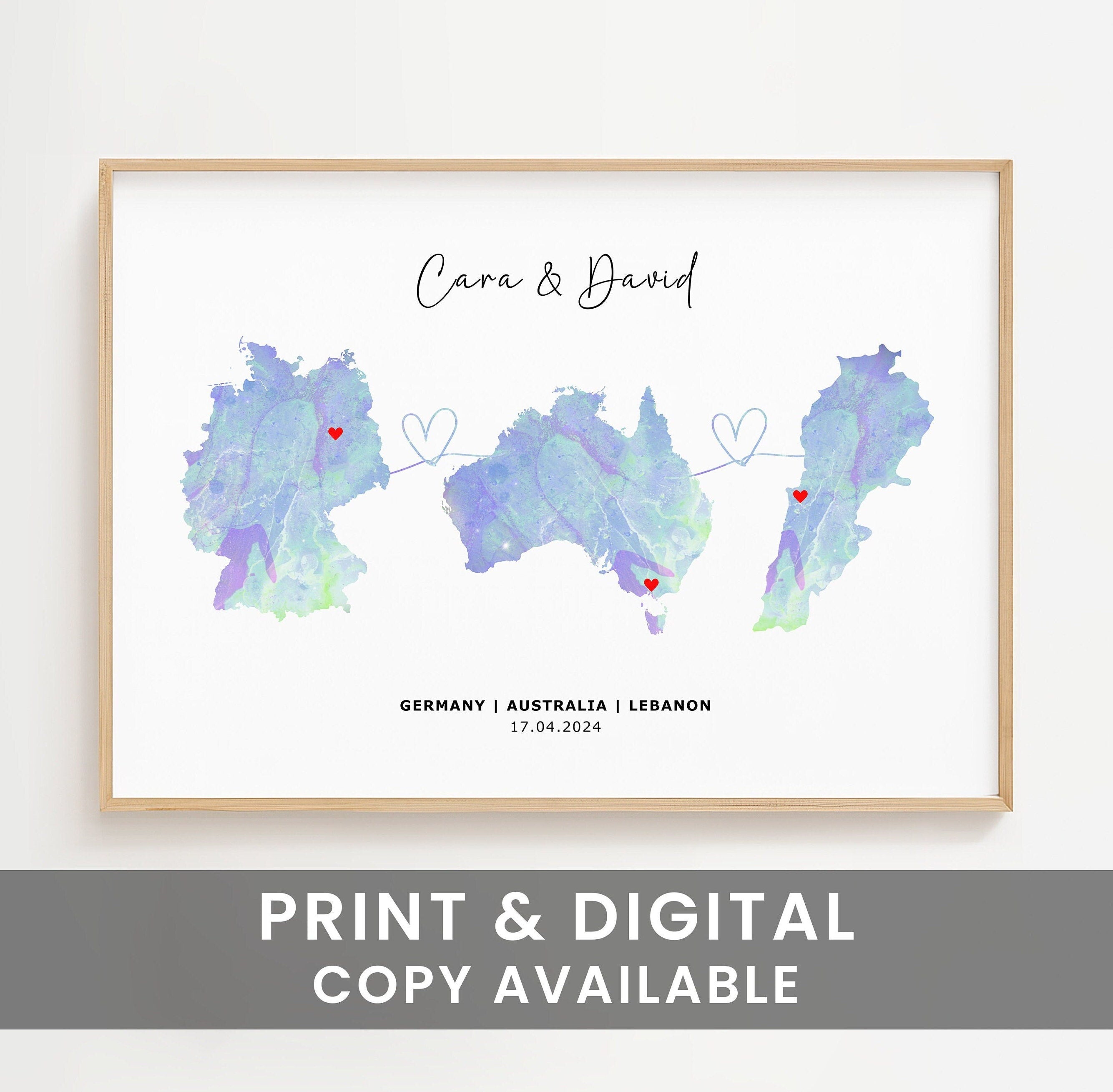 Personalised Map Wall Decor - Any Three Countries, Custom Map Print, Country to Country Wall Art, Fathers Day Gift, World Map
