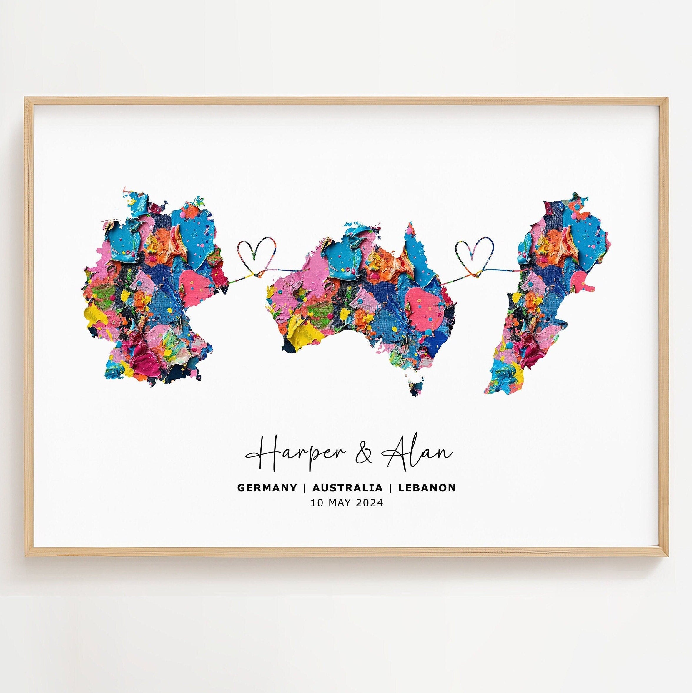 Personalised Map Wall Decor, Any Three Countries, Custom Map Print, Country to Country Wall Art, Fathers Day Gift, Texture Paint - Digital File