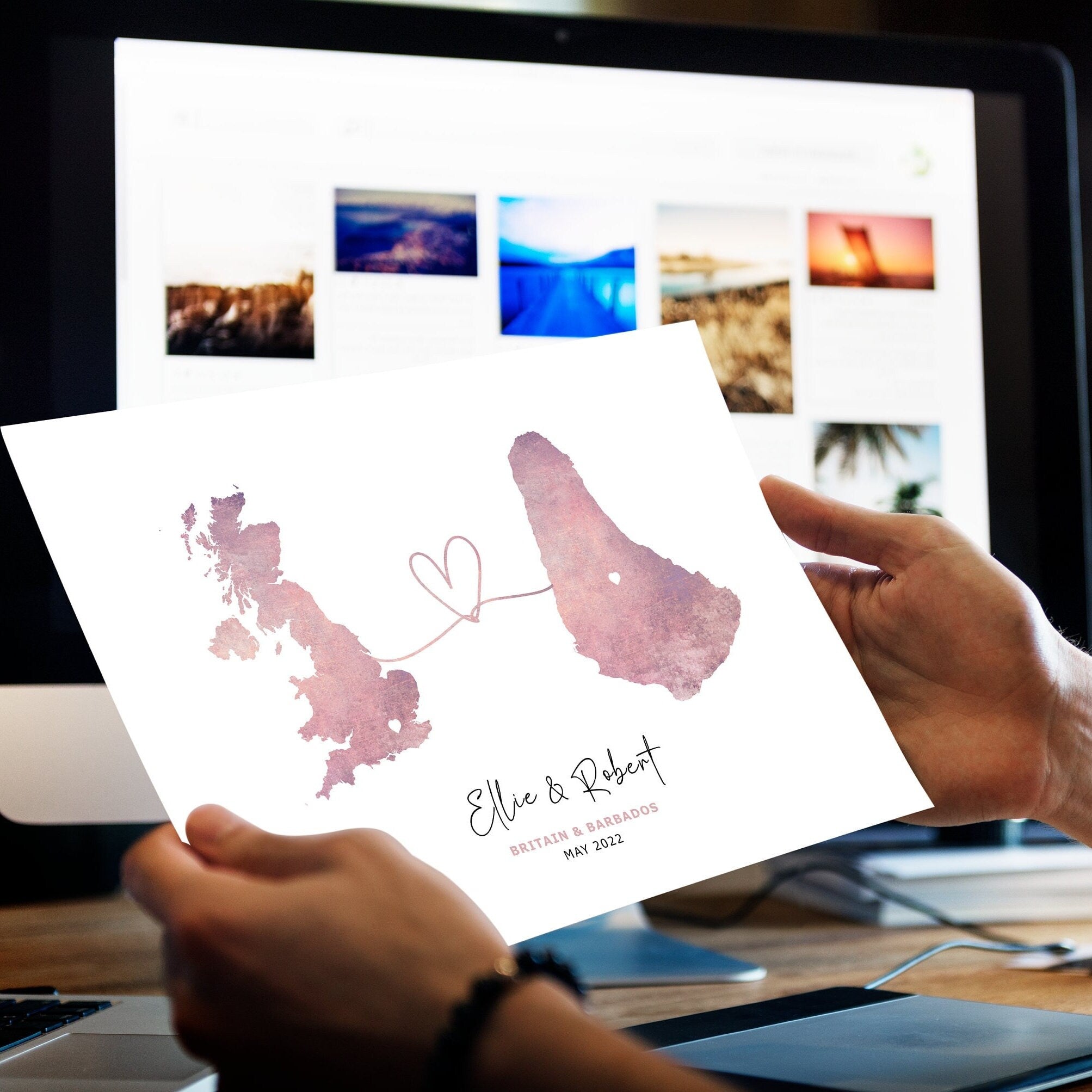 Personalised Map Print, Any 2 Countries, Wall Art Poster, Unique Gift Idea, Love Heart Location Map Print, Country to Country