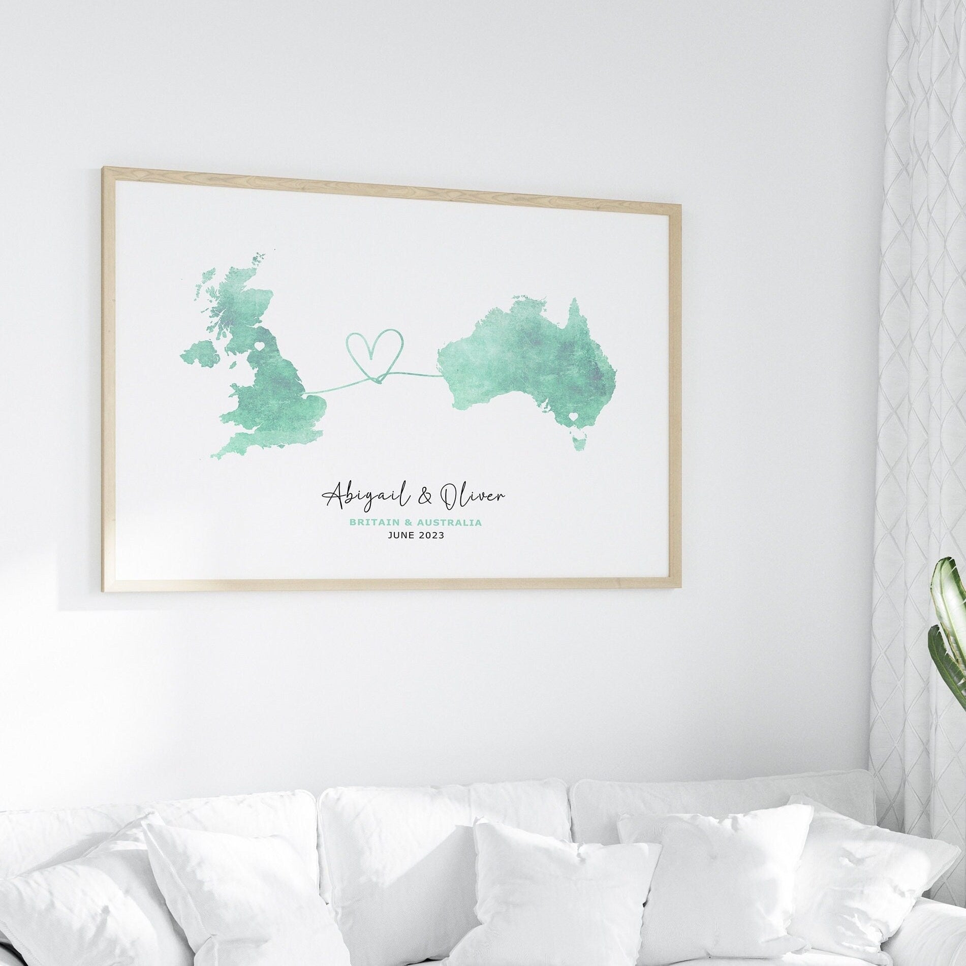 Personalised Map Print, Any 2 Countries, Wall Art Poster, Unique Gift Idea, Love Heart Location Map Print, Country to Country