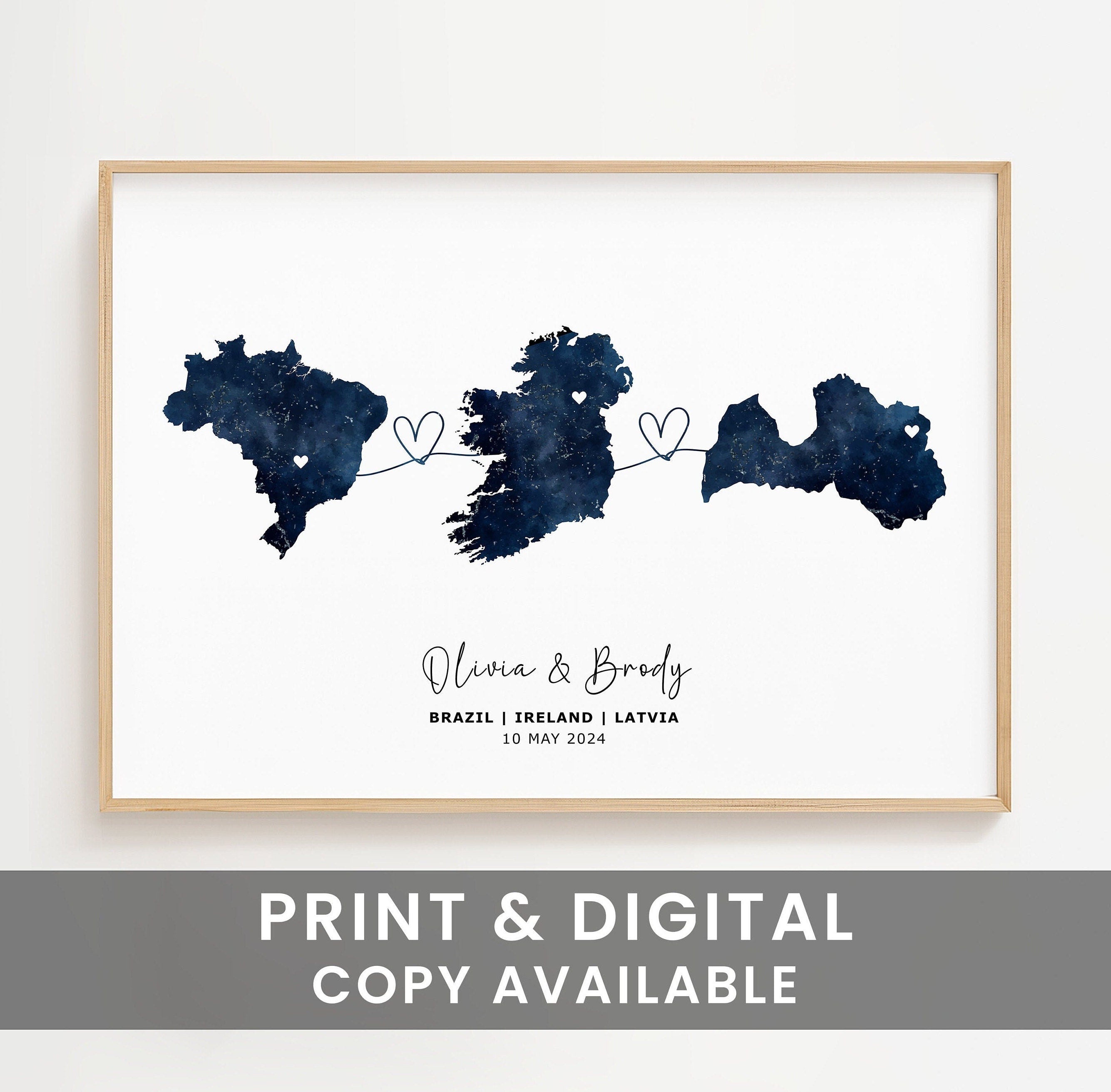 Personalised Map Wall Print - Any Three Countries, Custom Map Decor, Country to Country Wall Art Print, Gift for him, Travel Gift