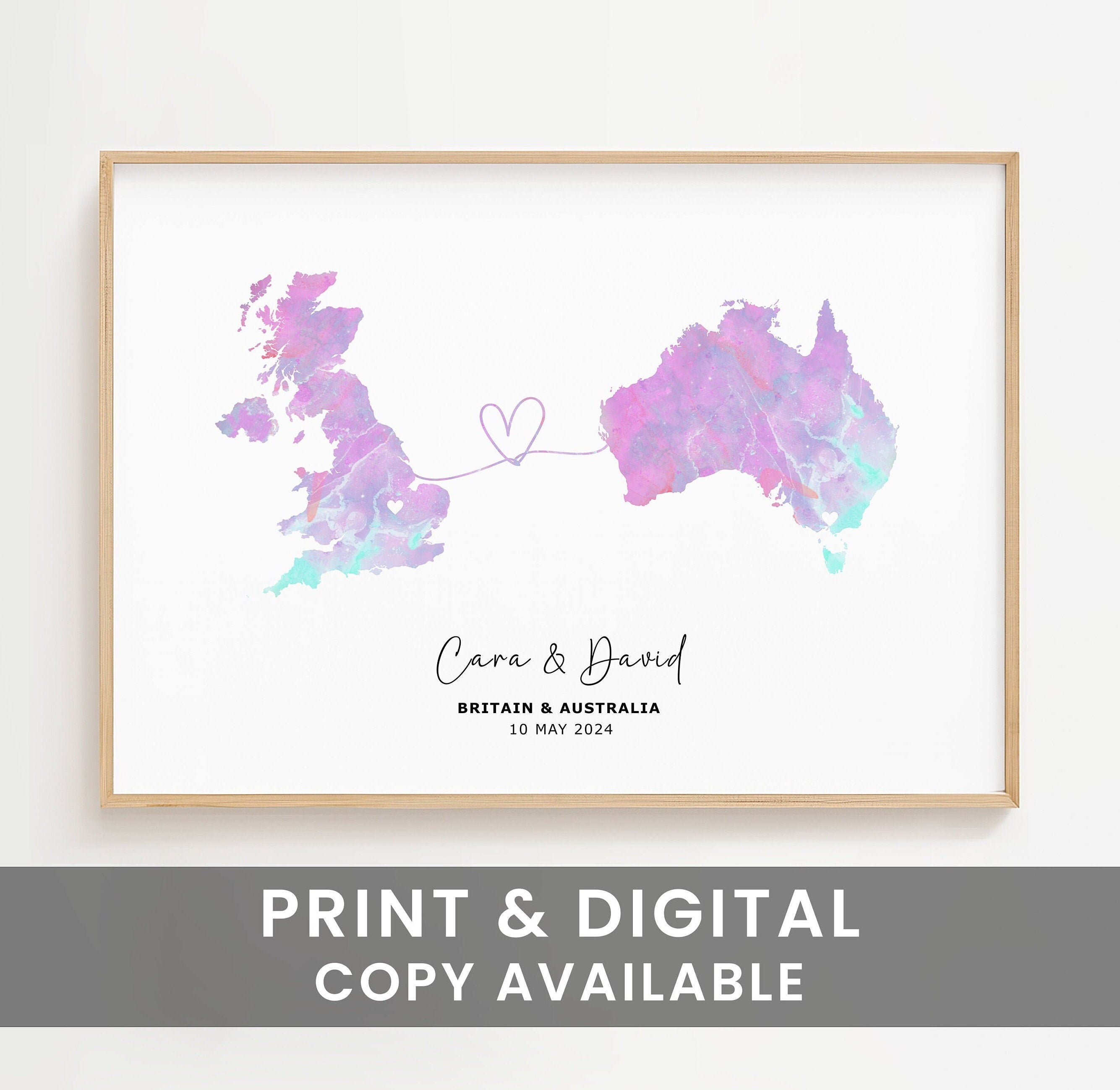 Personalised Map Wall Print - Any Two Countries, Custom Map Decor, Country to Country Wall Art Print, Gift for him, Travel Gift