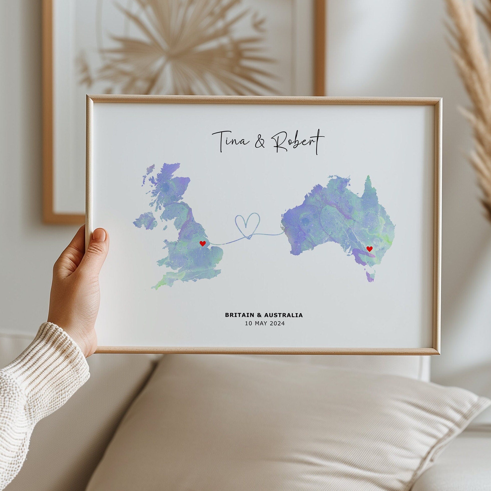 Personalised Map Wall Print - Any Two Countries, Custom Map Decor, Country to Country Wall Art Print, Gift for him, Travel Gift