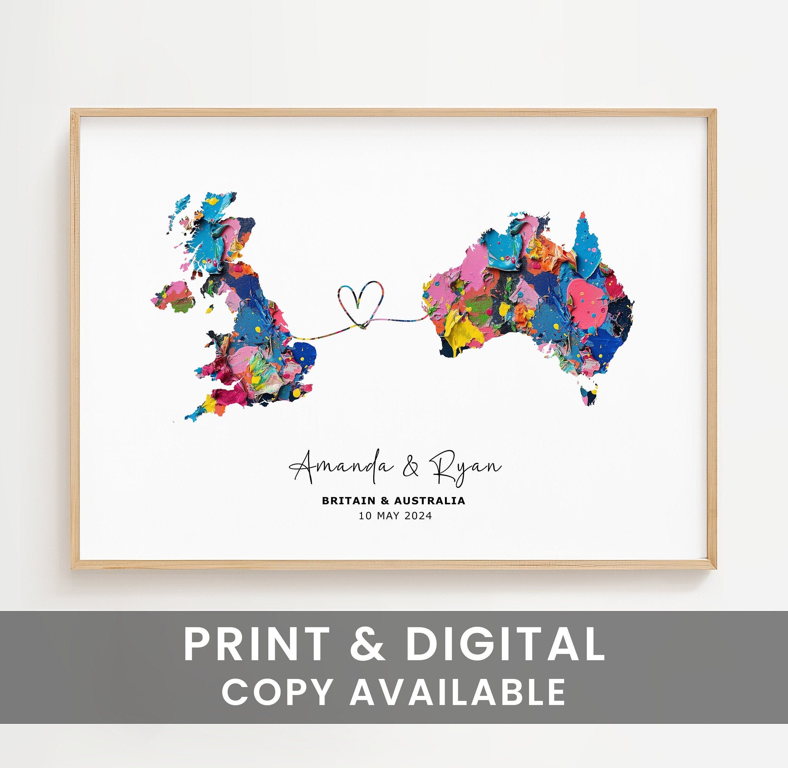 Personalised Map Wall Decor, Any Two Countries, Custom Map Print, Country to Country Wall Art, Fathers Day Gift, Texture Paint