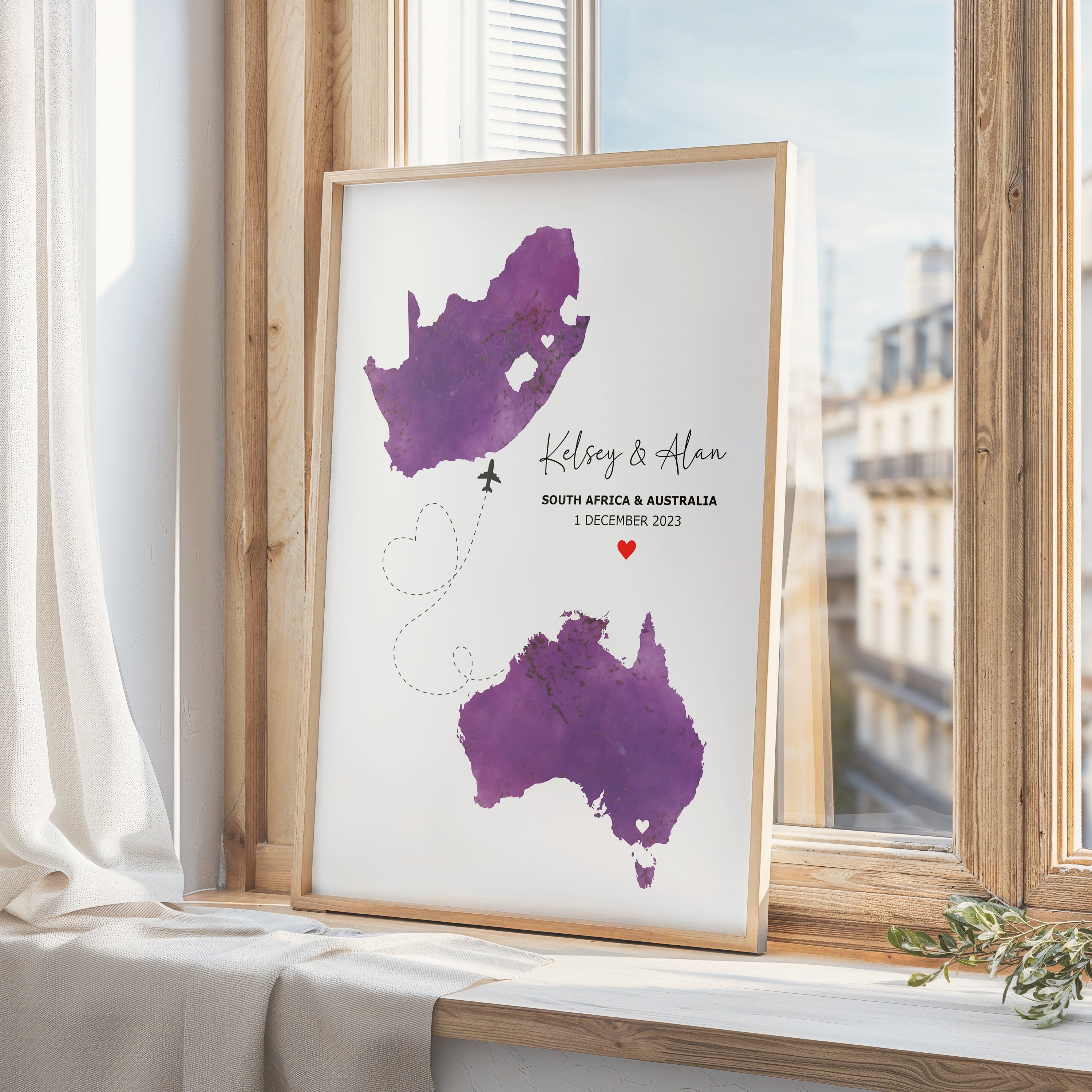 Personalised Map Print - Select two countries - Custom Map Art - Perfect Travel Gift - Digital File