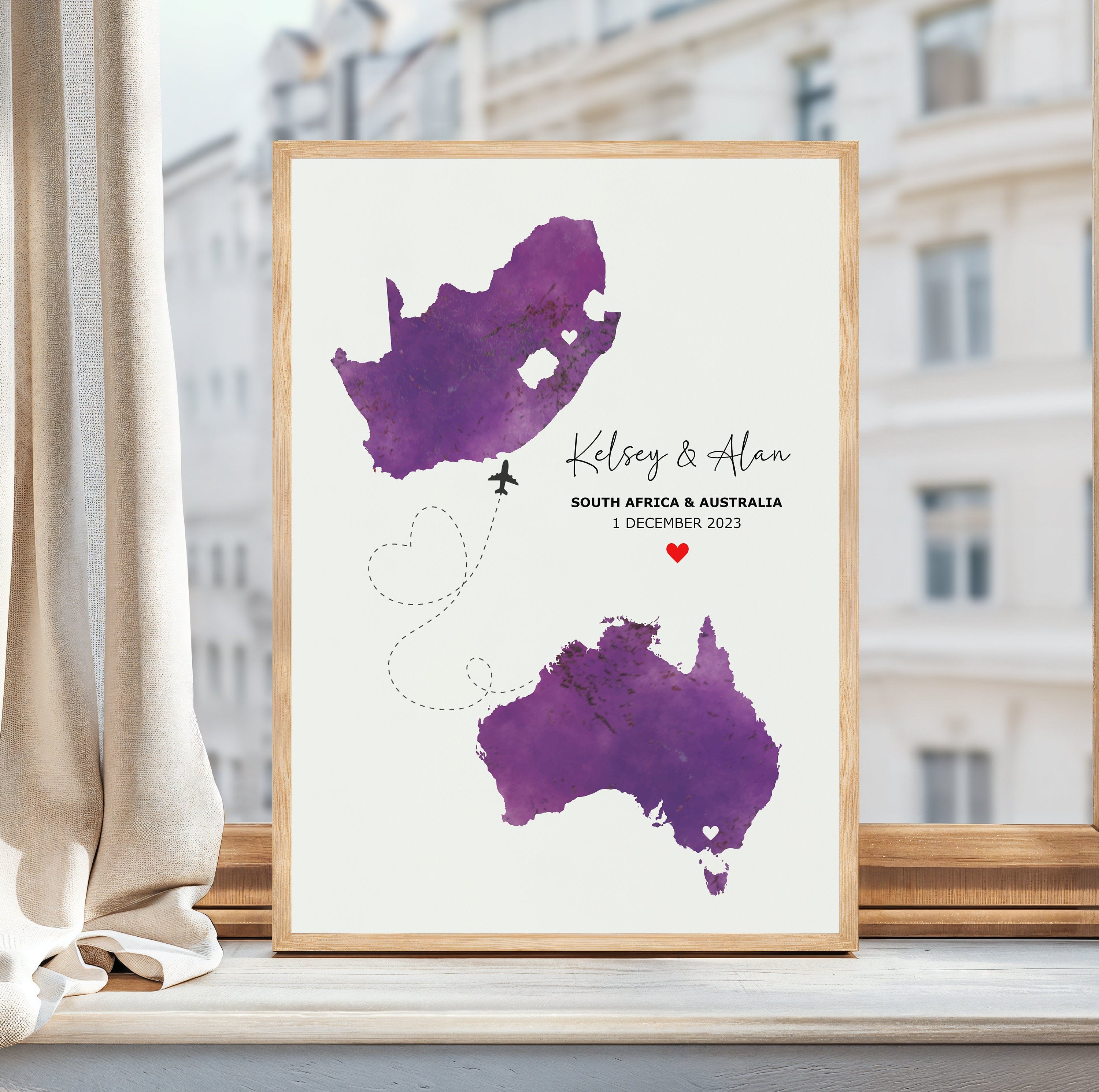 Personalised Map Print - Select two countries - Custom Map Art - Perfect Travel Gift - Digital File