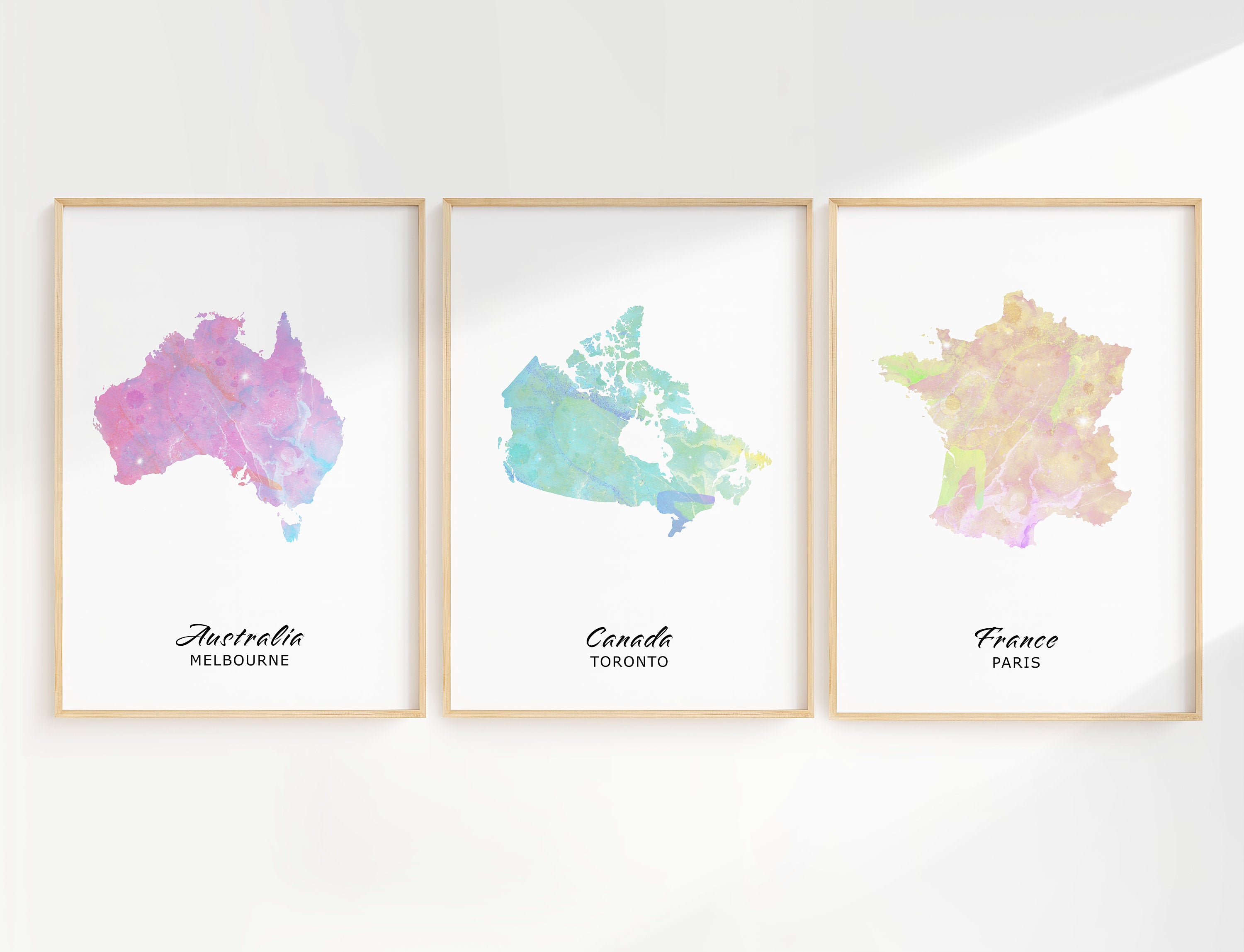 Set of 3 Personalised Map Prints - Any Three Countries, Custom Map Art, New Home Gift, Fathers Day Gift, City Map - Digital File