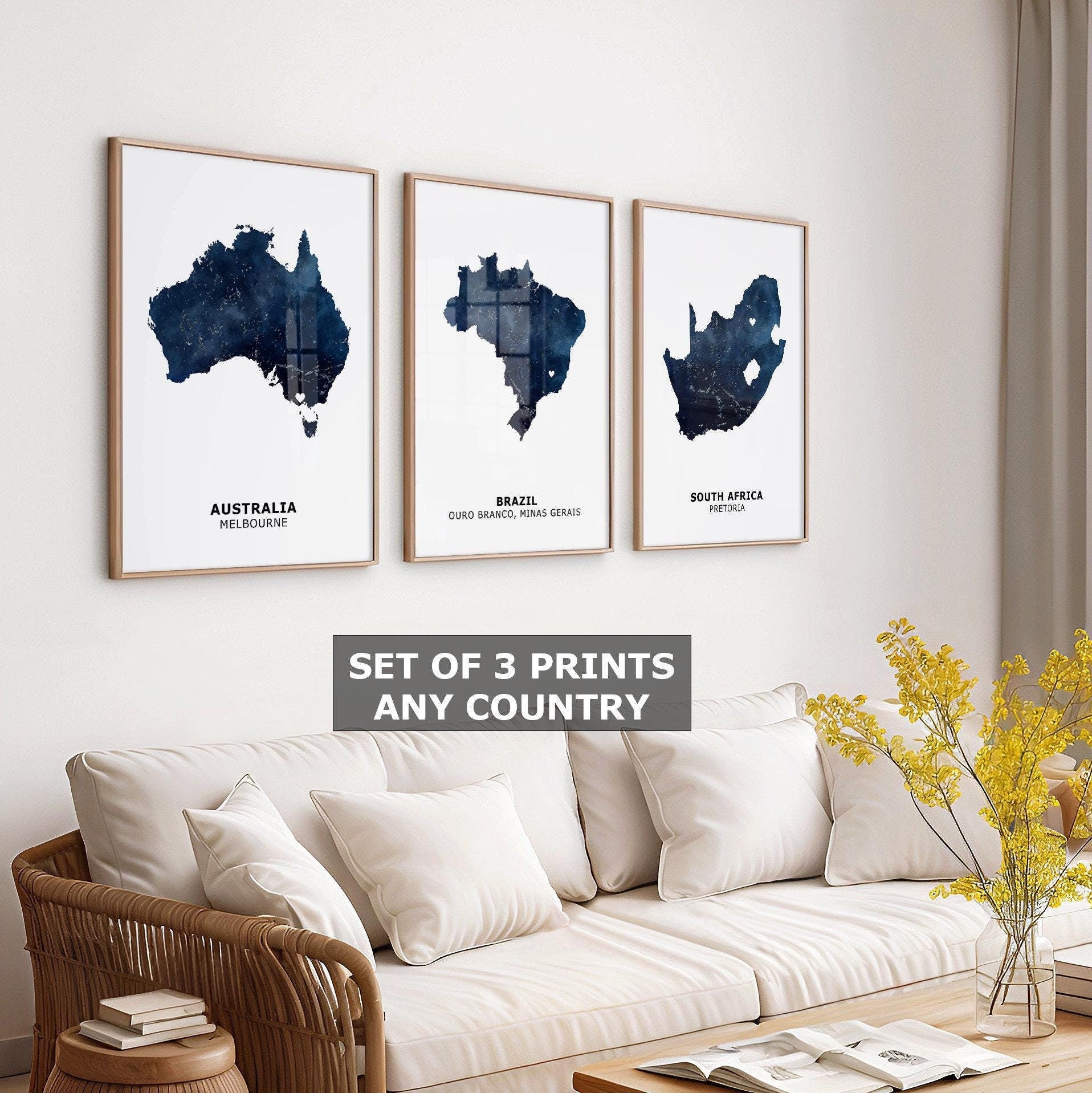 Set of 3 Personalised Watercolour Maps - Any Three Countries, Custom Map Print, Home Wall Art, New Home Gift, Friend Gift