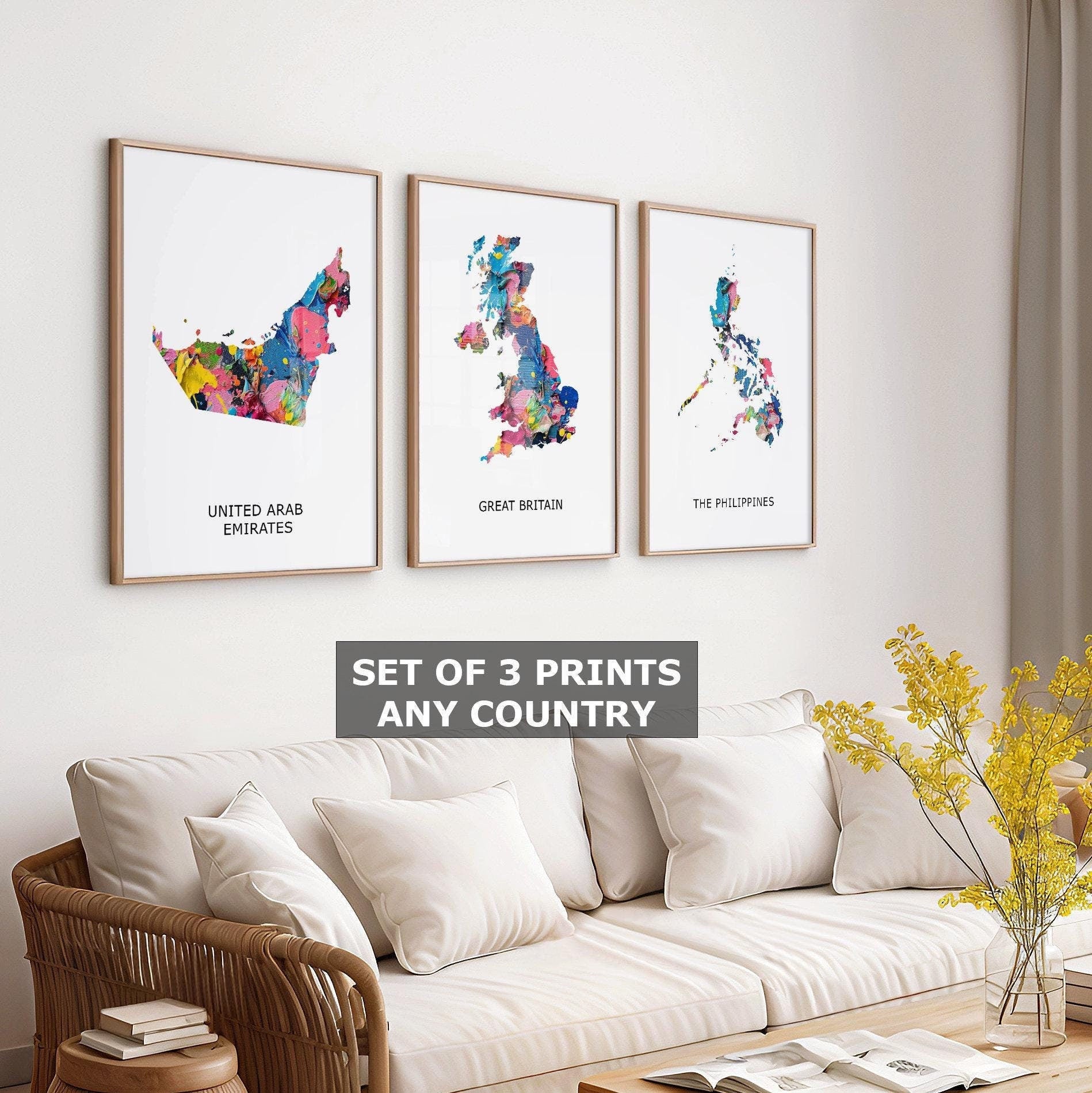 Personalised Map Print, Set of 3 Maps - Any Three Countries, Custom Wall Art Map Posters, New Home Gift, Travel Print