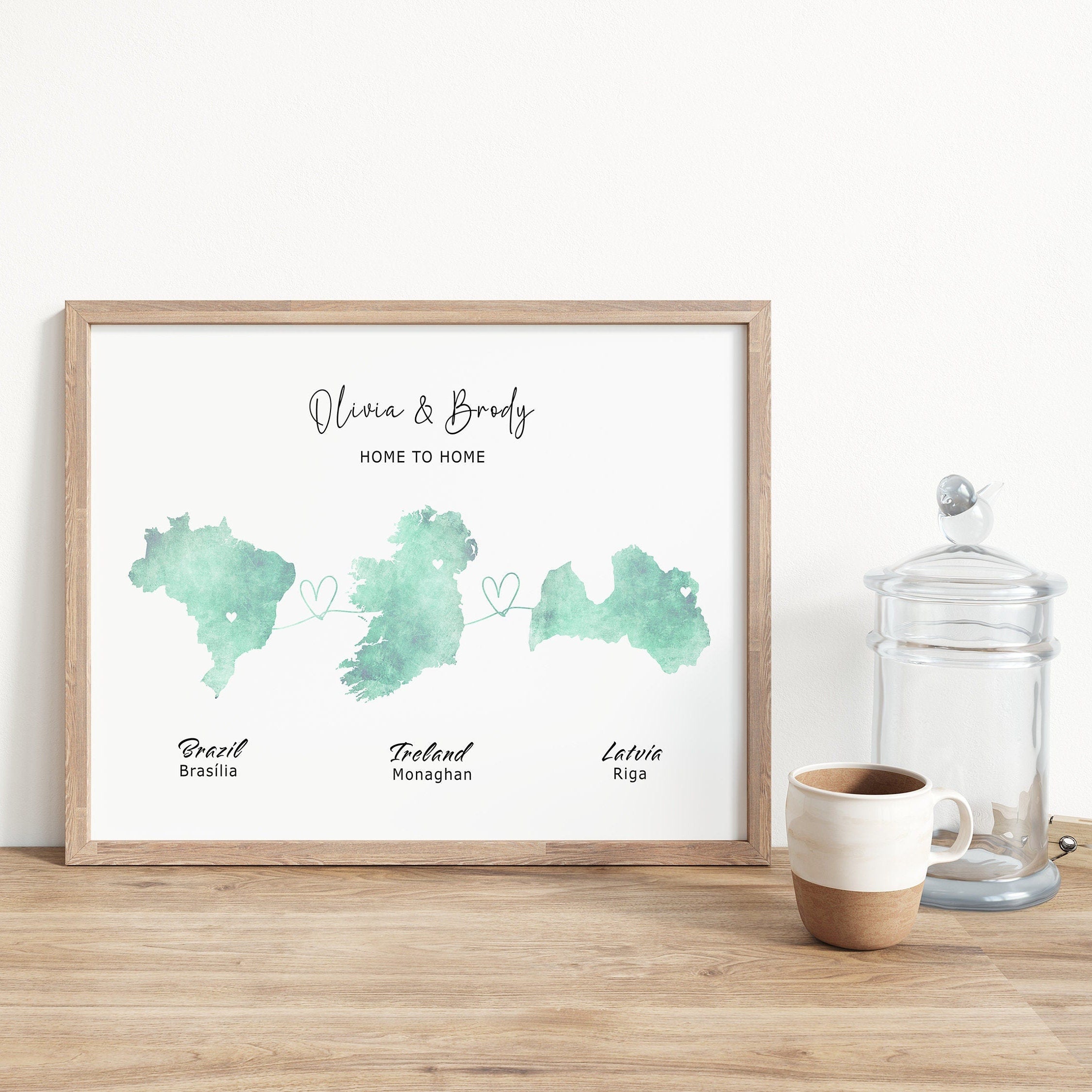Personalised Map Wall Print - Any Three Countries, Custom Map Decor, Country to Country Wall Art Print, Gift for him, Travel Gift