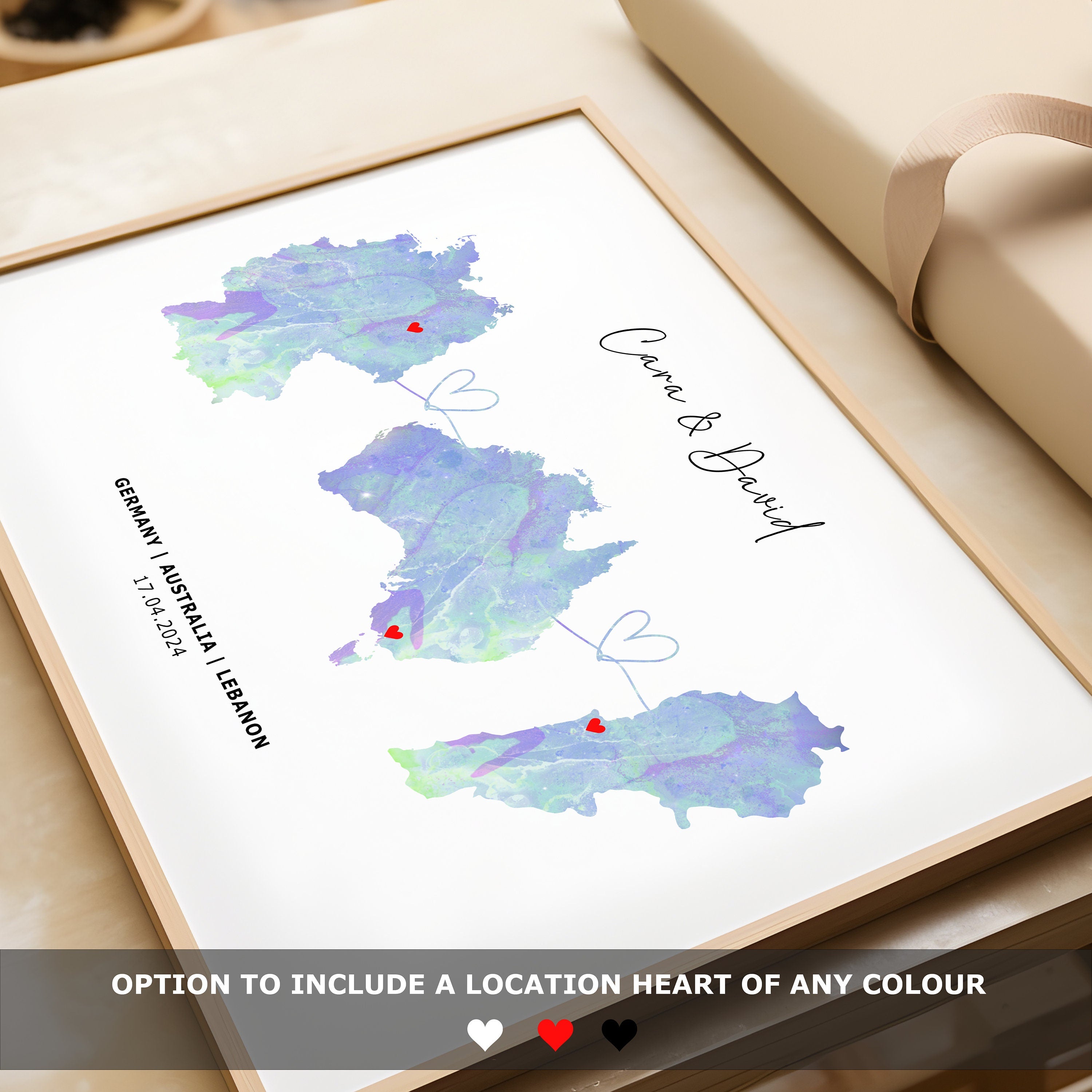 Personalised Map Wall Decor - Any Three Countries, Custom Map Print, Country to Country Wall Art, Fathers Day Gift, World Map