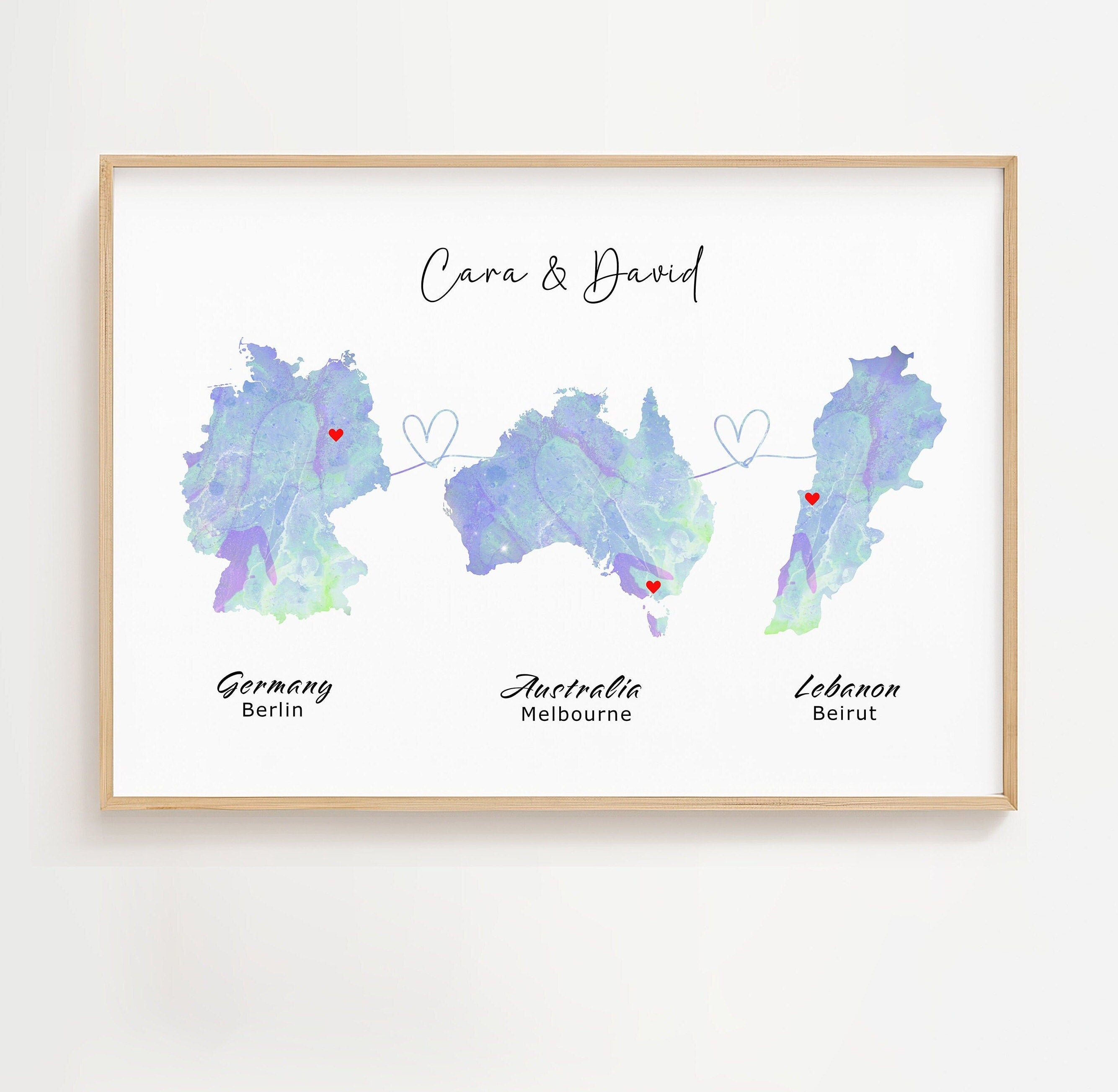 Personalised Map Wall Decor - Any Three Countries, Custom Map Print, Country to Country Wall Art, Fathers Day Gift, World Map