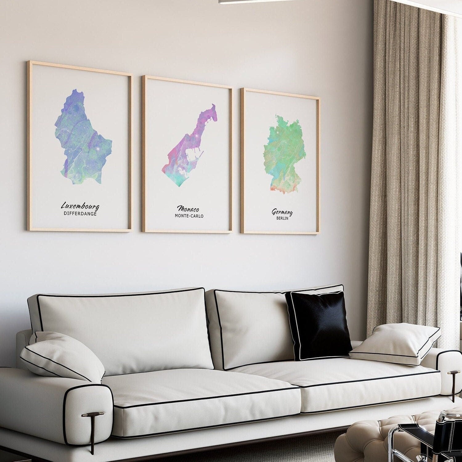 Set of 3 Personalised Map Prints - Any Three Countries, Custom Map Art, New Home Gift, Fathers Day Gift, City Map - Digital File