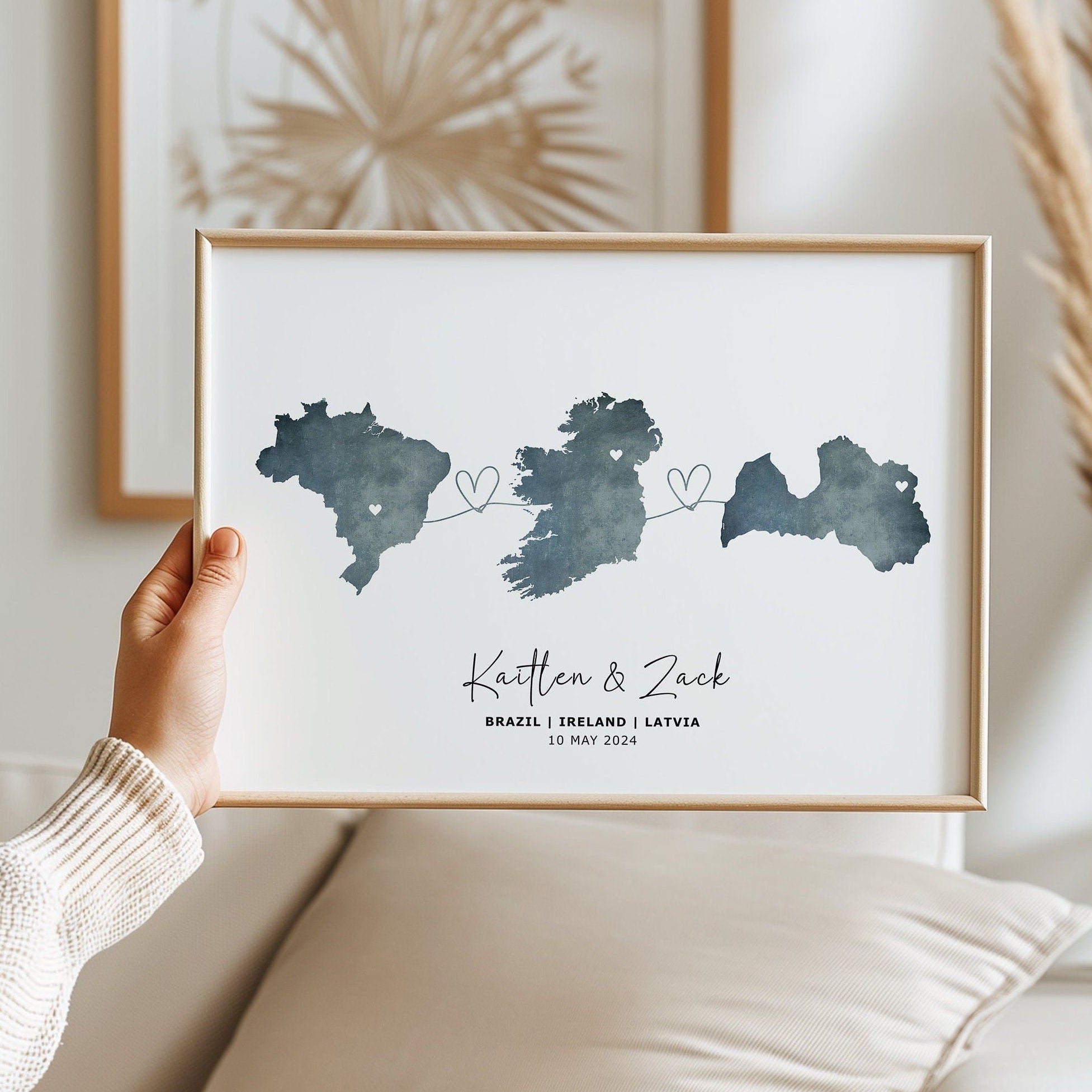 Personalised Map Wall Print - Any Three Countries, Custom Map Decor, Country to Country Wall Art Print, Gift for him, Travel Gift