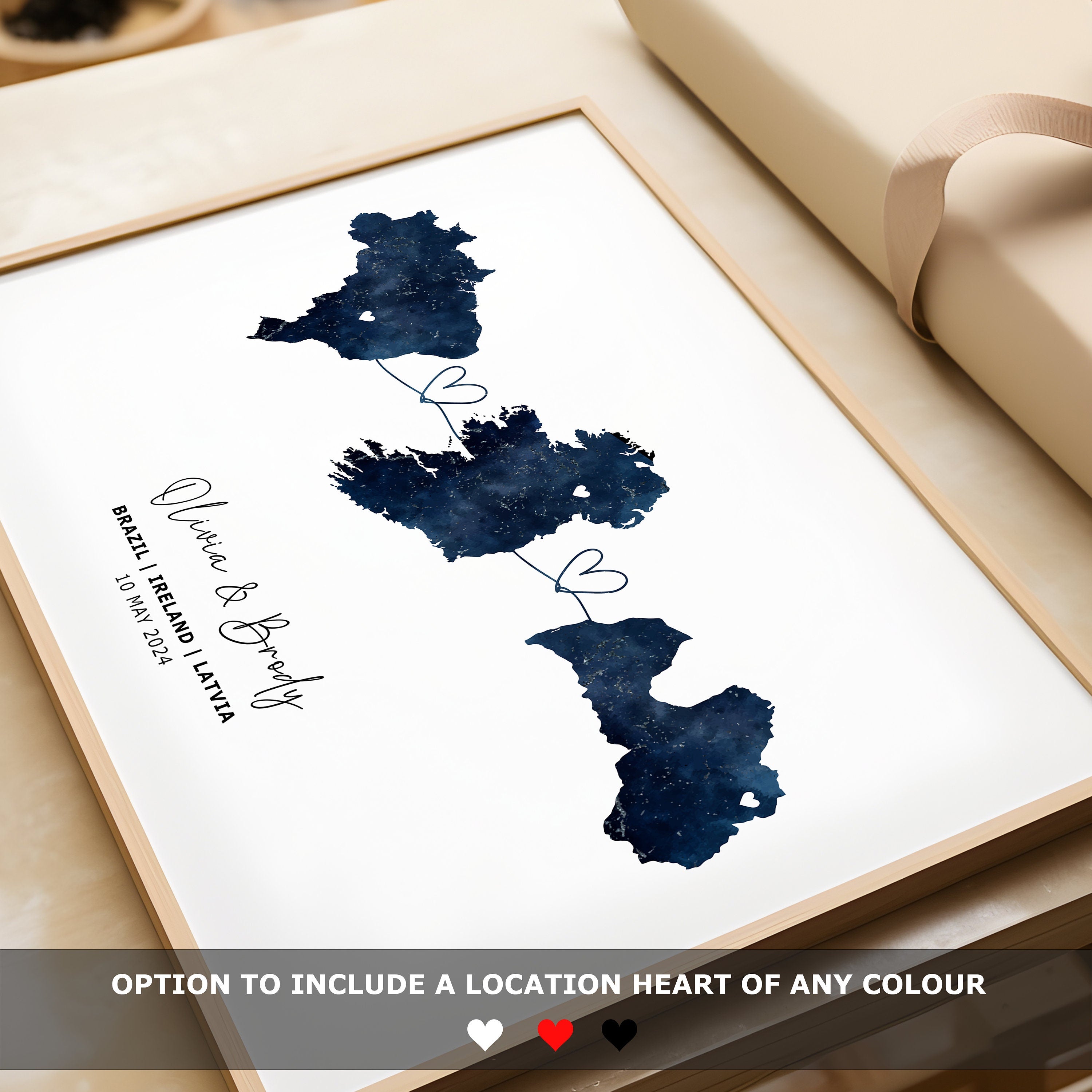 Personalised Map Wall Print - Any Three Countries, Custom Map Decor, Country to Country Wall Art Print, Gift for him, Travel Gift