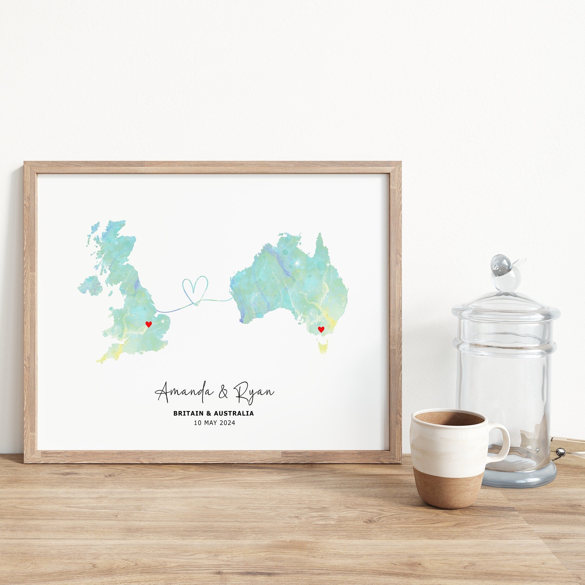 Personalised Map Wall Print - Any Two Countries, Custom Map Decor, Country to Country Wall Art Print, Gift for him, Travel Gift