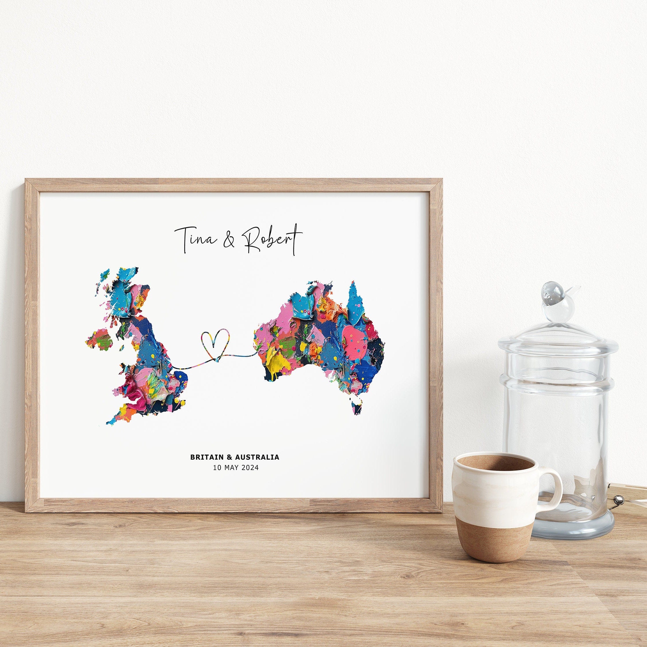 Personalised Map Wall Decor, Any Two Countries, Custom Map Print, Country to Country Wall Art, Fathers Day Gift, Texture Paint