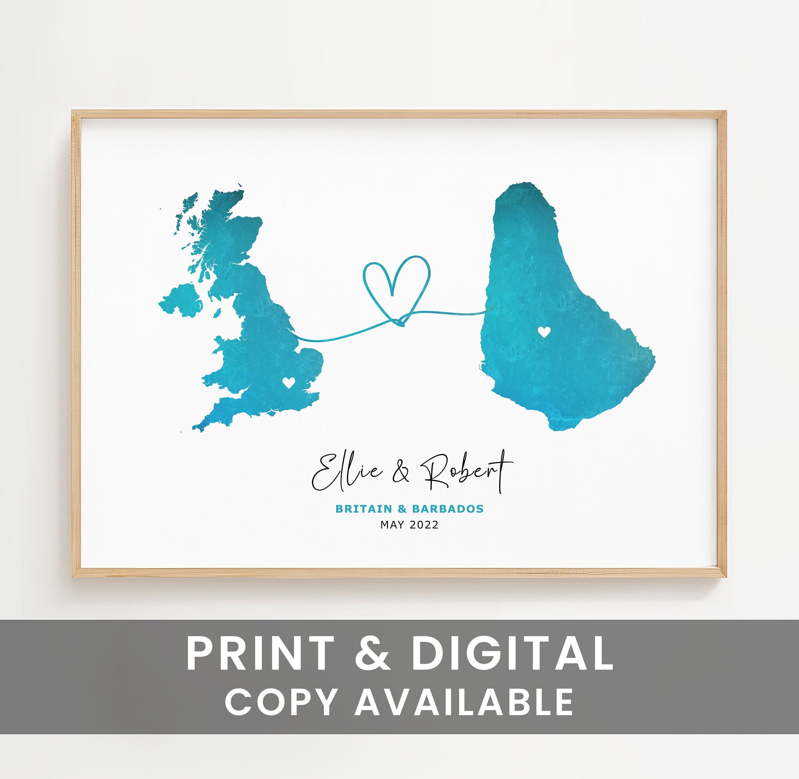 Personalised Map Print, Any 2 Countries, Wall Art Poster, Unique Gift Idea, Love Heart Location Map Print, Country to Country
