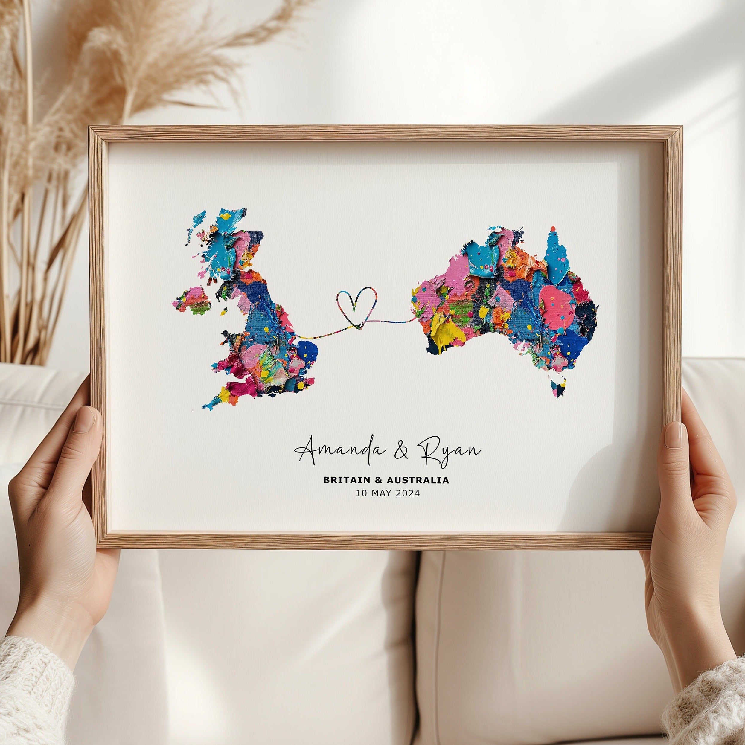 Personalised Map Wall Decor, Any Two Countries, Custom Map Print, Country to Country Wall Art, Fathers Day Gift, Texture Paint - Digital File