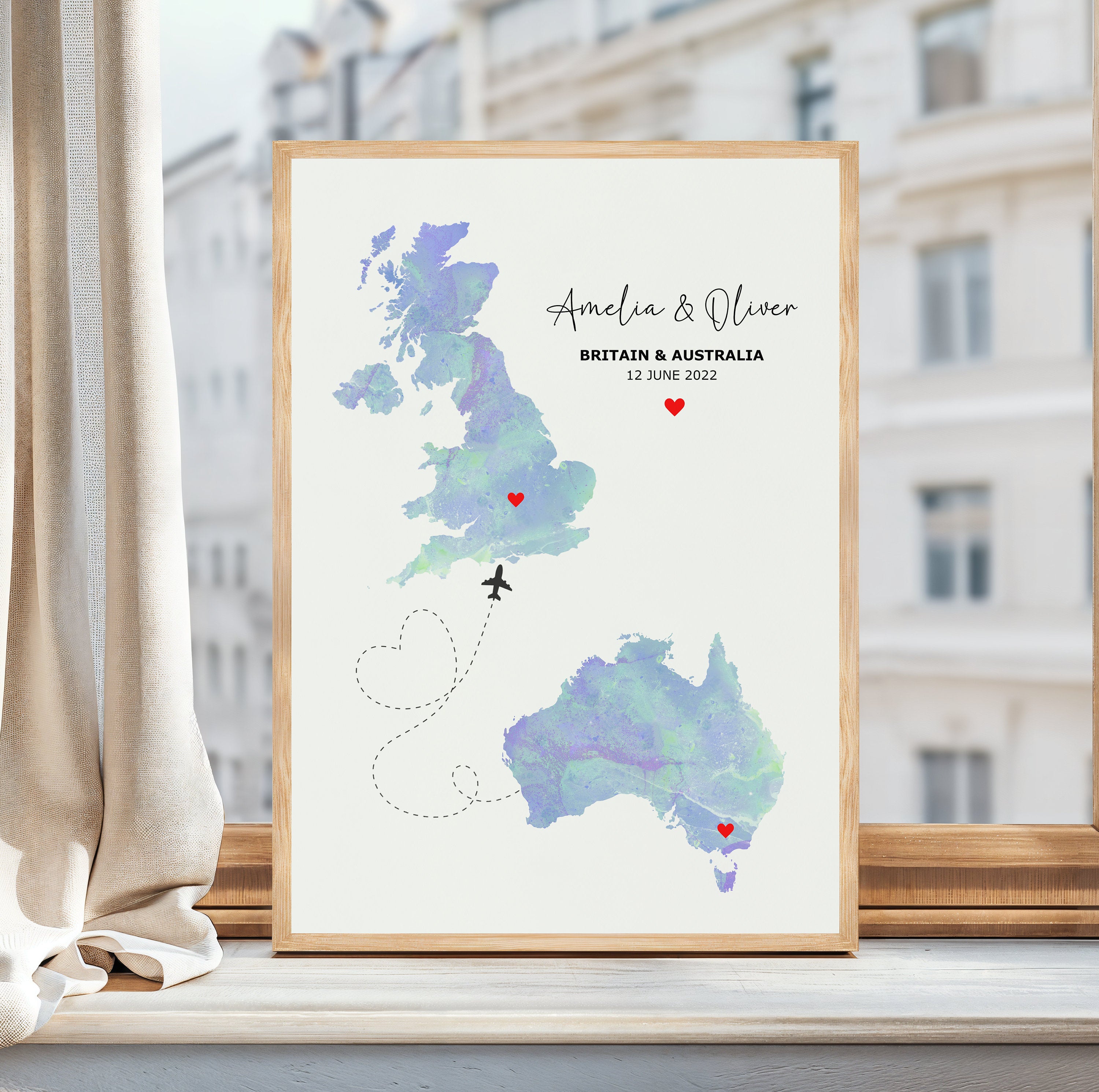 Watercolour Map Print - Any Two Countries, Custom Map Wall Art, New Home Gift, Travel Gift, Office Decoration